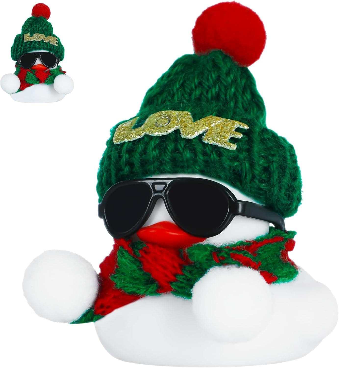 Rubber Duck Car Dashboard Decor with Green Knit Hat, Sunglasses & Scarf – Funny Stress Relief Novelty Gift
