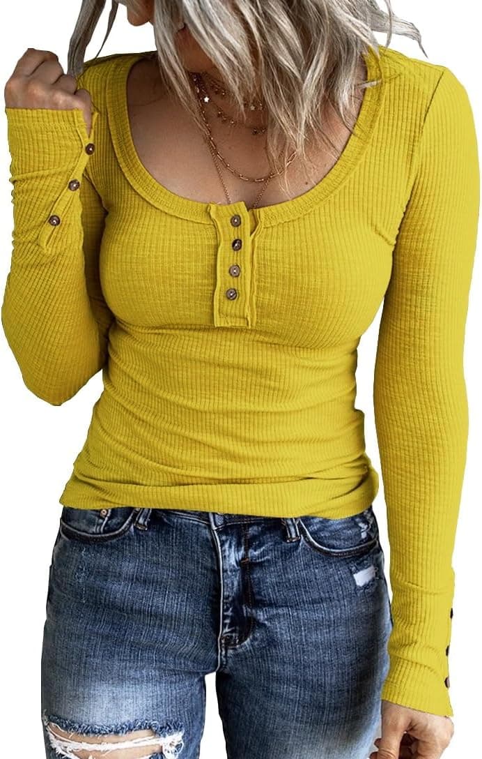 Women Long Sleeve Henley Tunic Shirt - KINLONSAIR Slim Fit Casual Basic Top - image 1