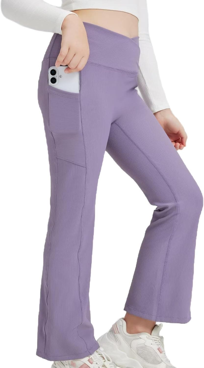 Girls Flare Leggings - Seamless Ribbed Yoga Pants with Cross High Waist, Bootcut Bell Bottoms for Girls
