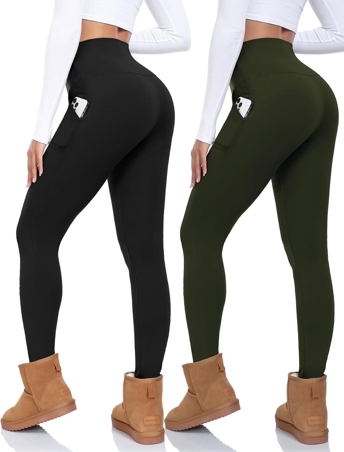 CTHH 2 Pack Fleece Lined Leggings Women with Pockets - High Waisted Soft Winter Thermal Warm Tummy Control Yoga Pants