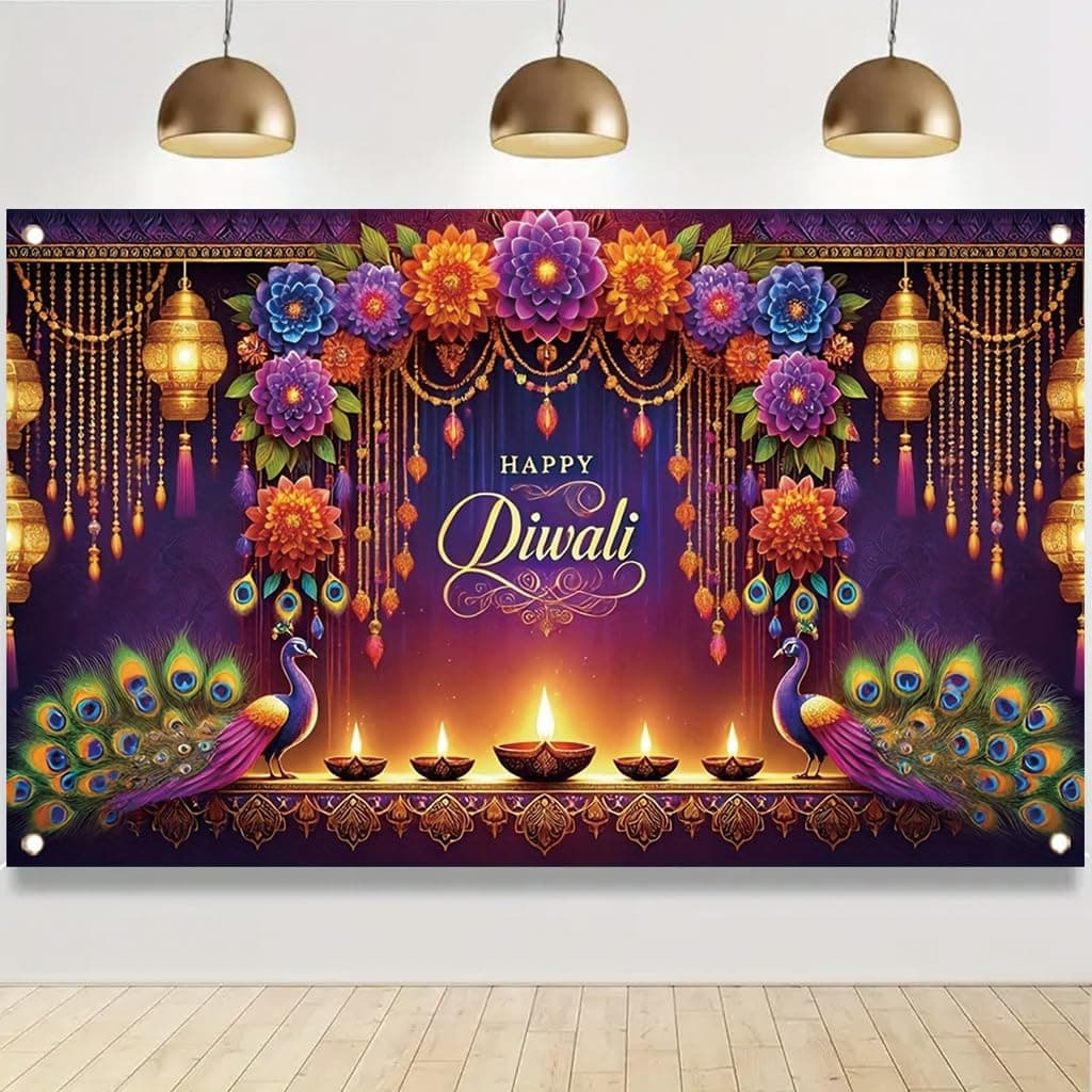 Happy Diwali 71x43 Inch Banner for Festival Decoration Colorful Flowers Lanterns Diyasand Peacock Design Outdoor Indoor Deepavali Celebration Decor - image 1