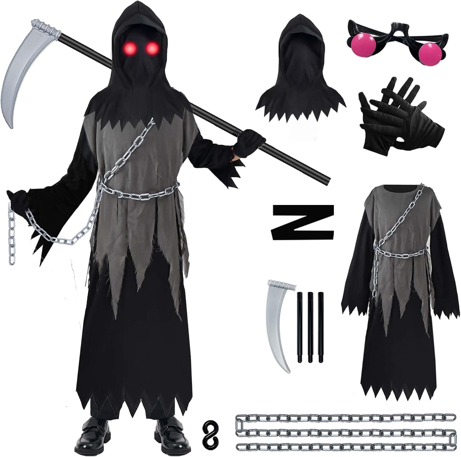 Znorso Grim Reaper Costume for Kids, Halloween Costume with Glowing Up Eyes for Boys