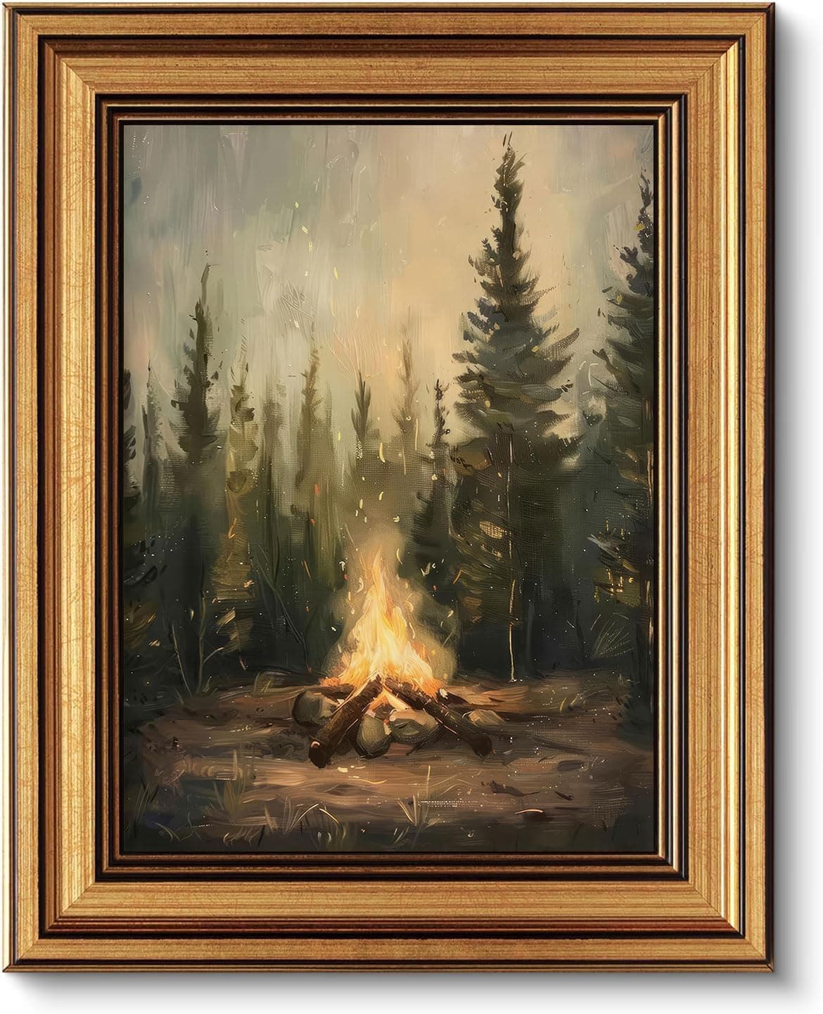 Gold Framed Wall Art, Rustic Campfire Canvas Prints, Vintage Forest Camping Cabin Picture Wall Decor, Dark Academia Woodland Nature Landscape Artwork for Living Room Bedroom 12x16 inch