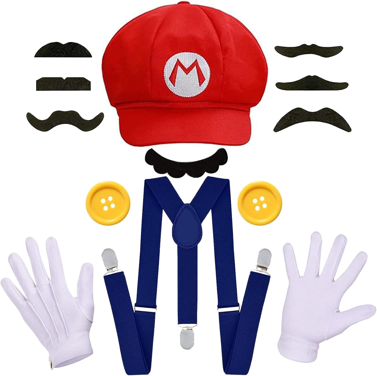 Adult Halloween Costume Accessories Set with Red & Green Hats, Suspenders, Gloves, Mustache & Buttons