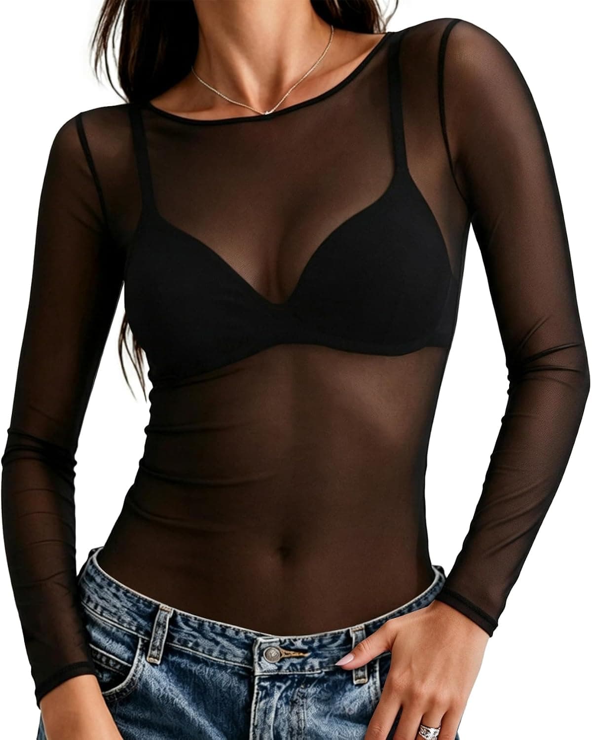 Women's Mesh Tops Sheer Long Sleeve Shirts Bodycon Blouse