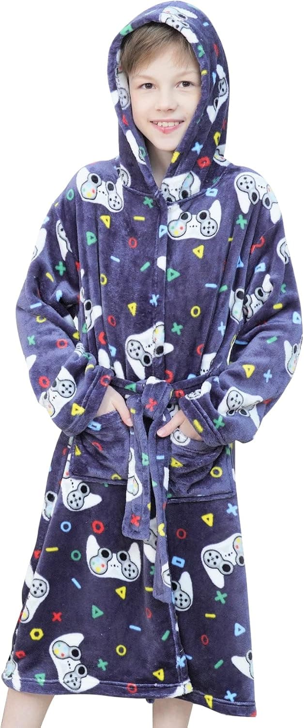 Boys Soft Hooded Bathrobe Kids Warm Gamer Fleece Robe Sleepwear