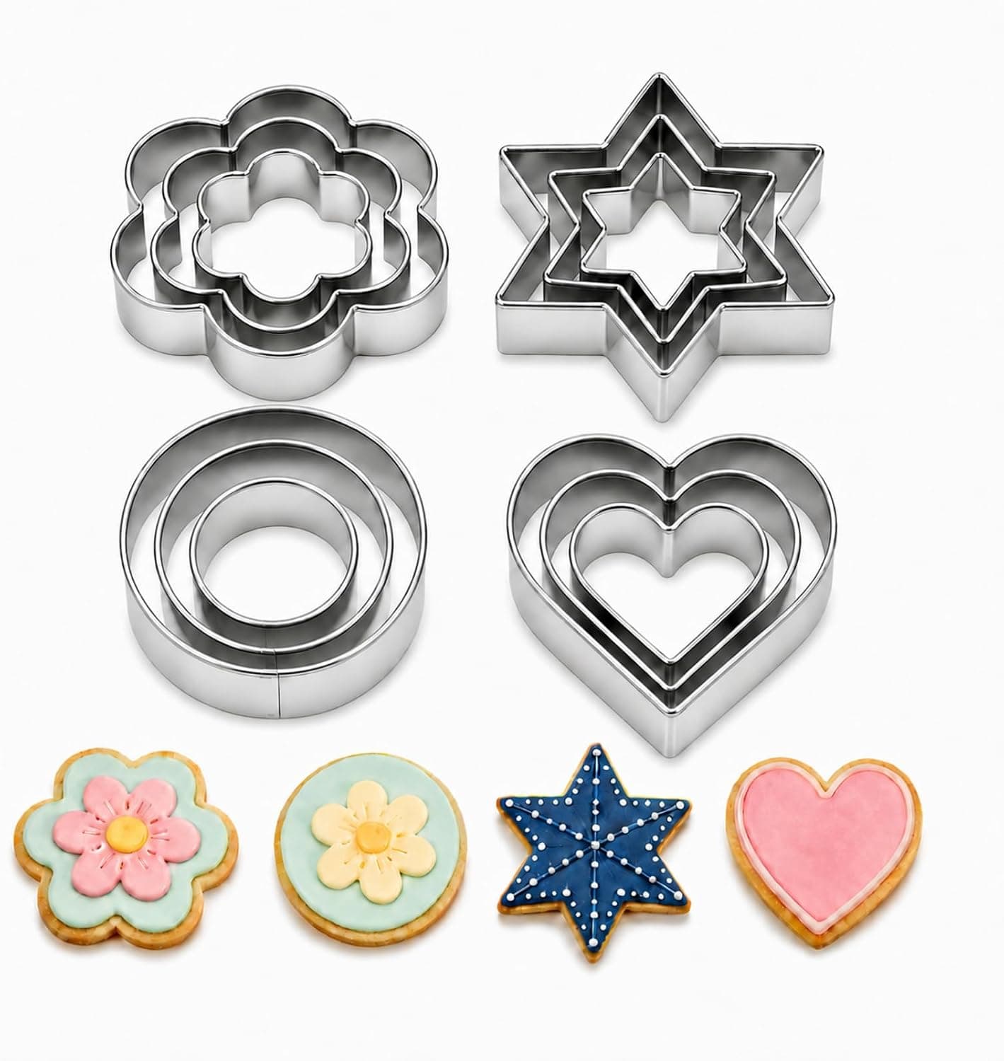 TICHUAN 12 Pcs Stainless Steel Cookie Cutters Set - Heart, Star, Flower & Round Shapes for Baking