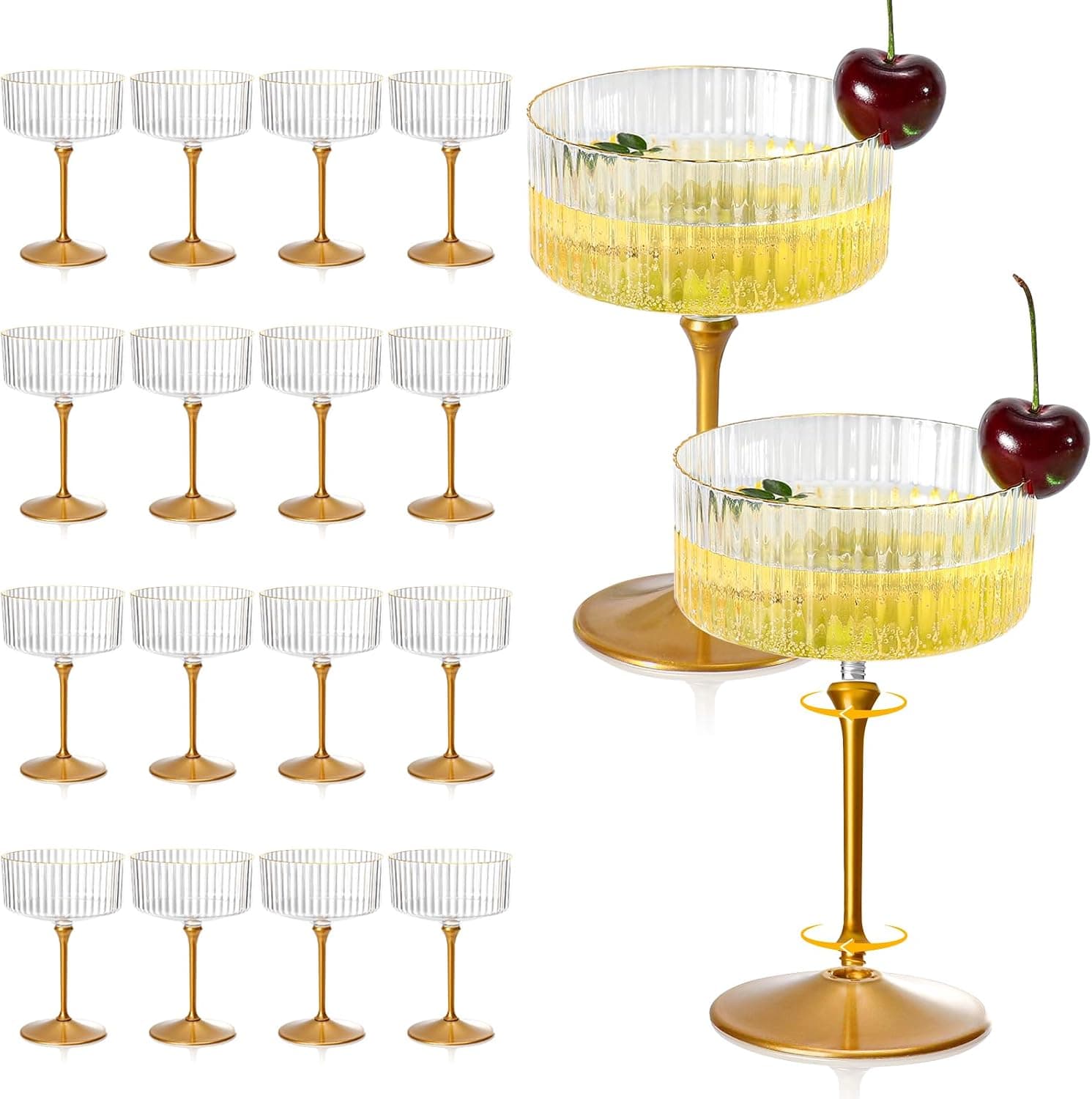 24 Pcs Champagne Martini Glasses 9 Oz with Gilded Removable Gold Rim Coupe Glasses Pink Martini Glasses Plastic Mimosa Vintage Coupe Glasses Set For Wedding Anniversary (24, Ribbed Gold)