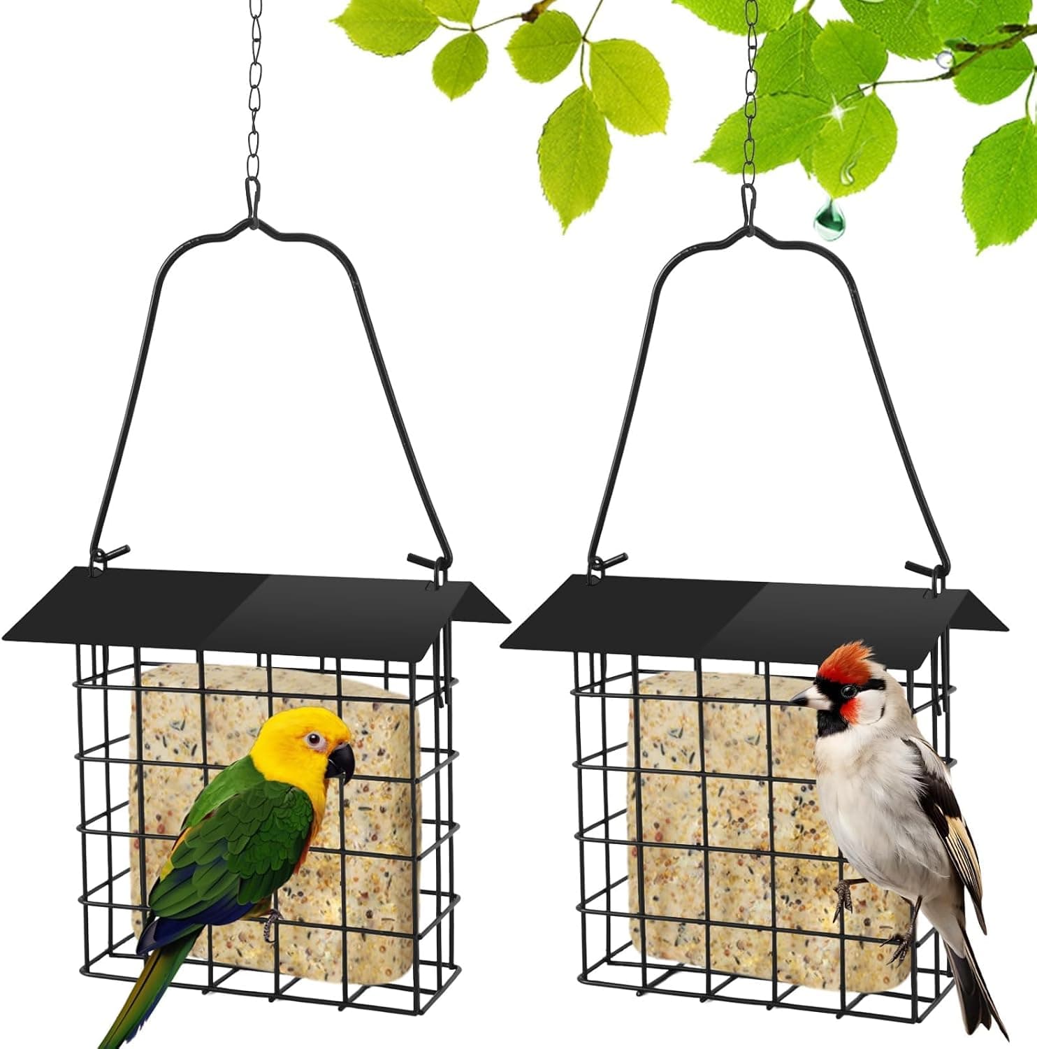 2Pcs Suet Bird Feeder Hanging, Metal Roof Adjustable Chain