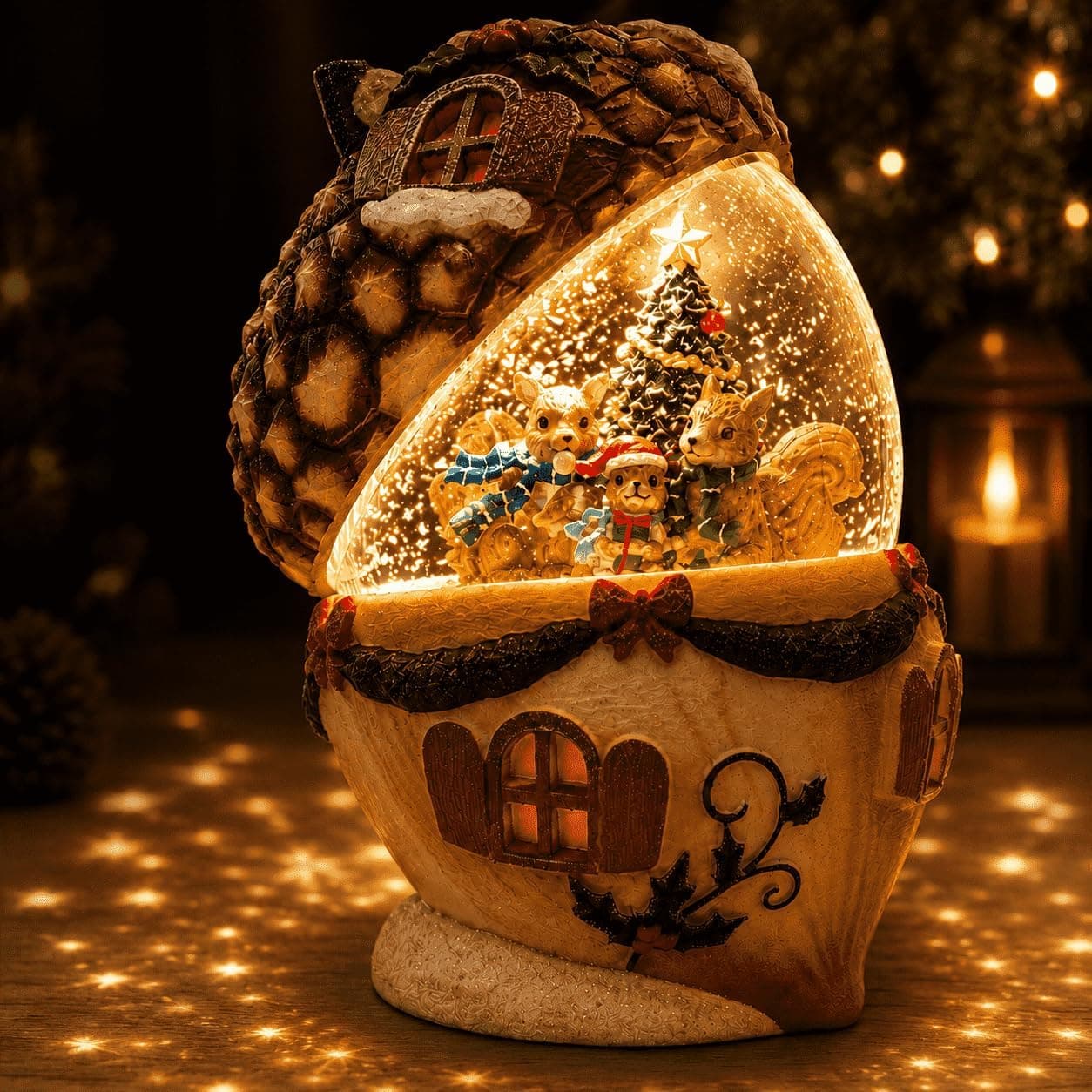 Christmas Pinecone Snow Globe Lantern with 6 Hours Timer, 3 AAA Battery Operated Glittering Water Globe, Lighted Squirrel Family Snow Globes for Xmas Mantel Tabletop Shelf Holiday Decorations Gifts