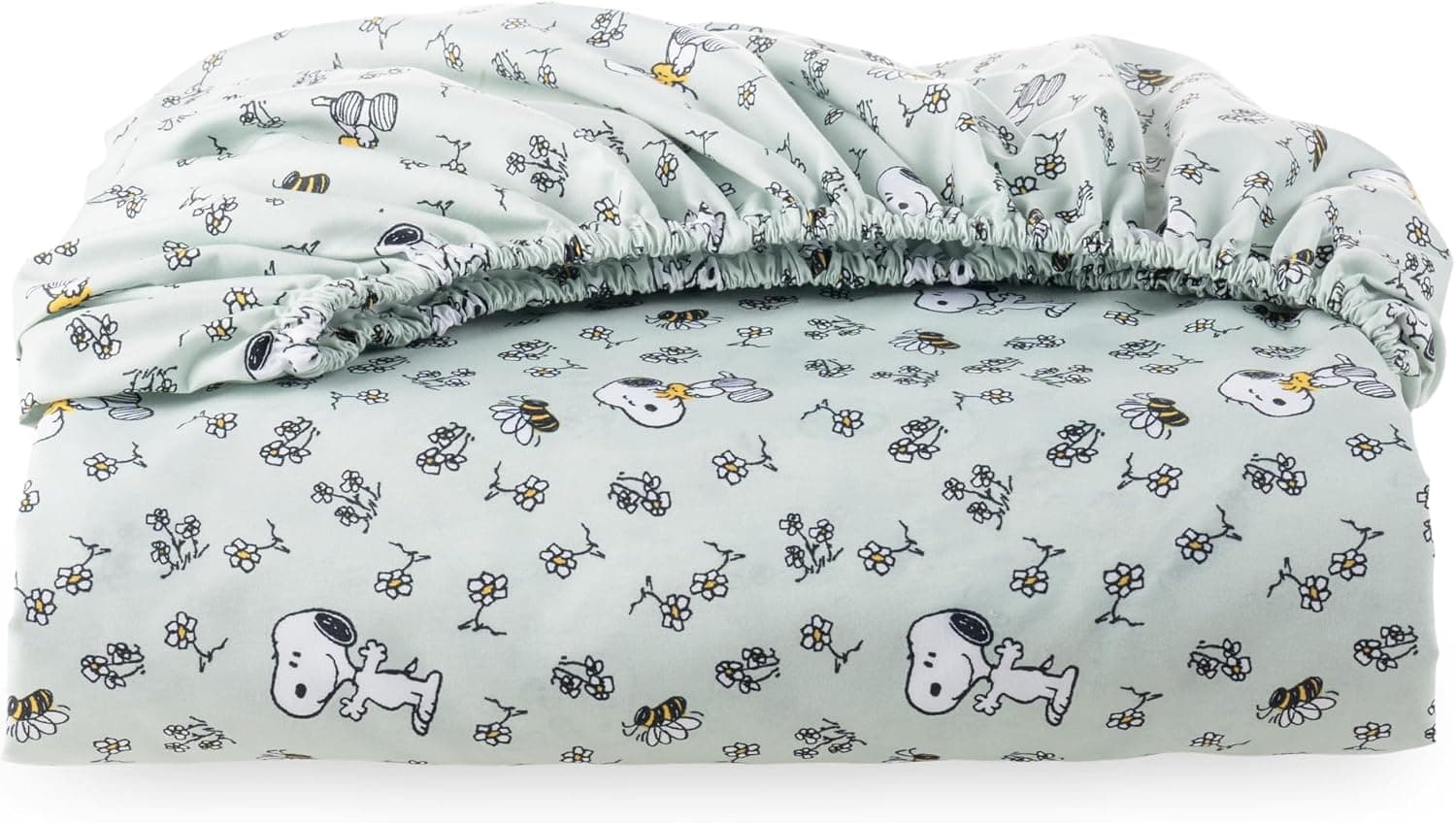 Berkshire Blanket Peanuts® Fitted Sheet Queen Size(Only), Cute Character Snoopy Microfiber Sheet with Deep Pocket, Soft and Breathable, Mini Snoopy & Woodstock New Flower and Bees Sage