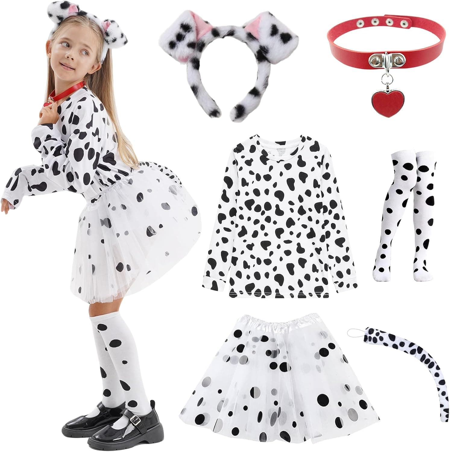 101 Dalmatian Costumes Kids, Girls Shirt Tutu Outfit Ears Headband Socks for 101st Day Of School - image 1