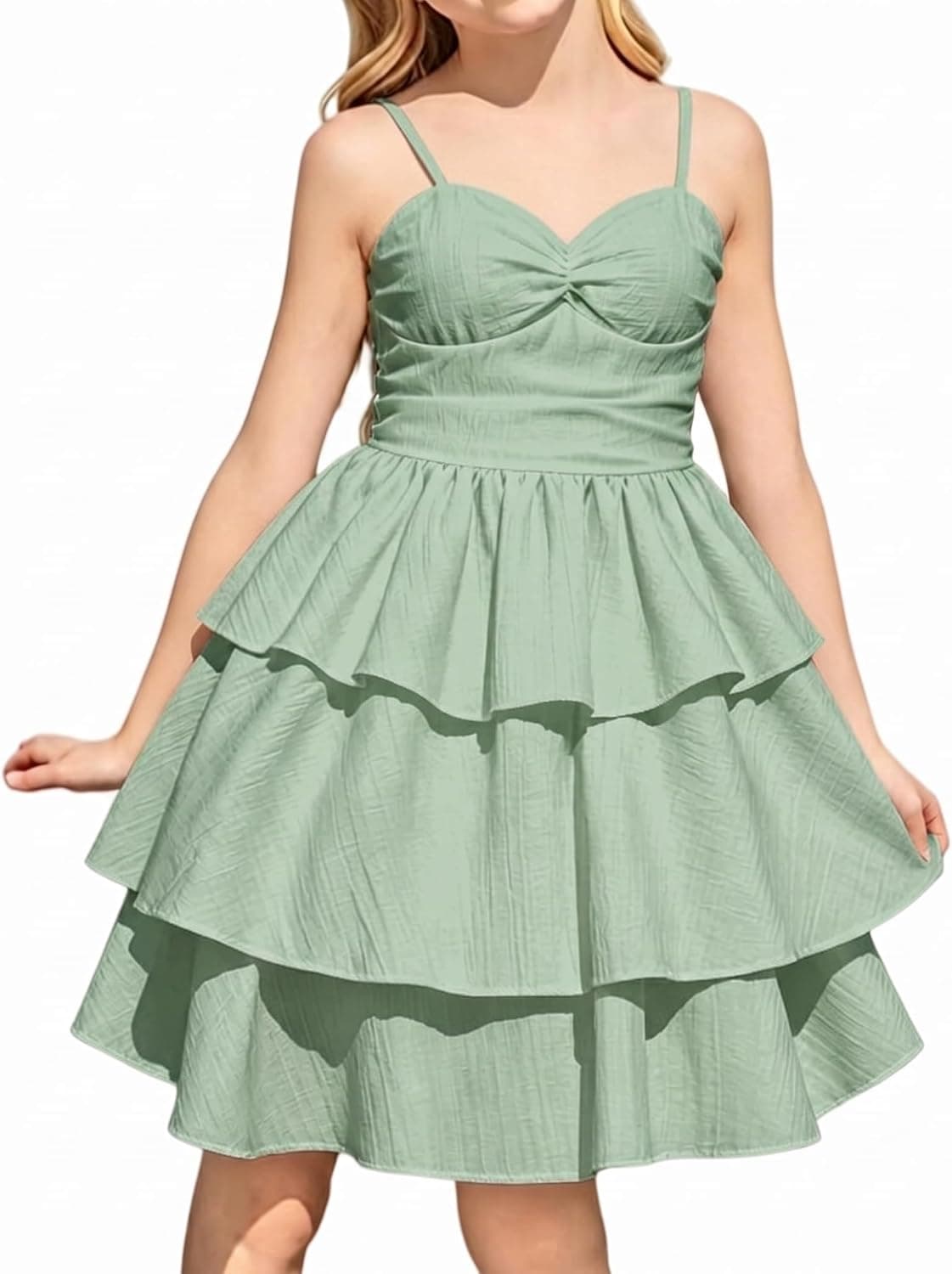 Girls Spaghetti Strap Ruffled Swing Dress for Teen Tween Prom Homecoming Dance Casual - Green Polyester