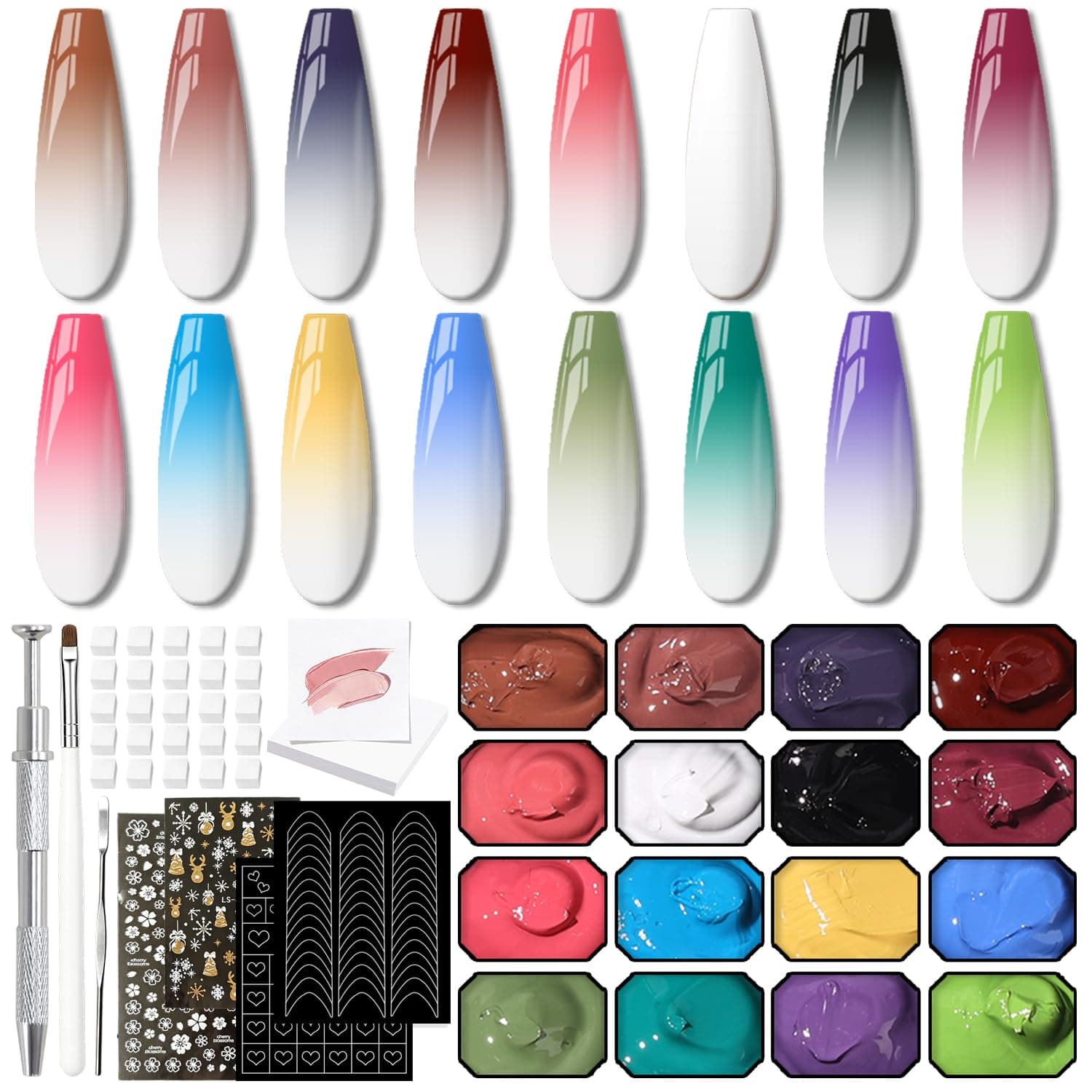 Ombre Gel Polish Palette, 16 Colors Pat Gel Paint Nail Art Kit Sponge Patting - image 1