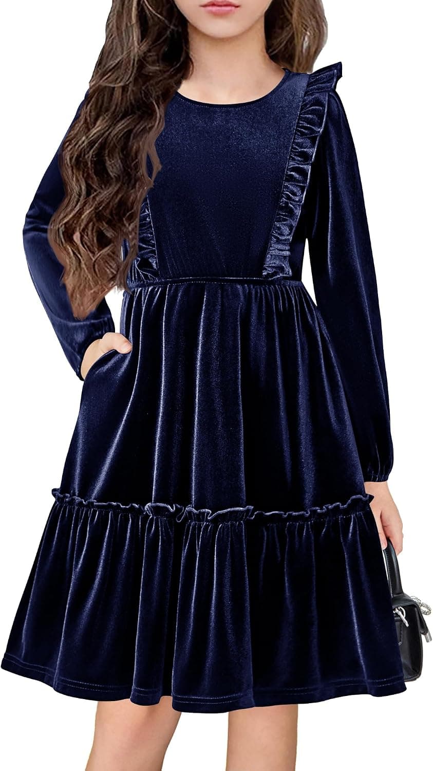 Arshiner Girls Dress Long Sleeve Ruffled Hem Casual Velvet Dress with Pockets 5-14 Years