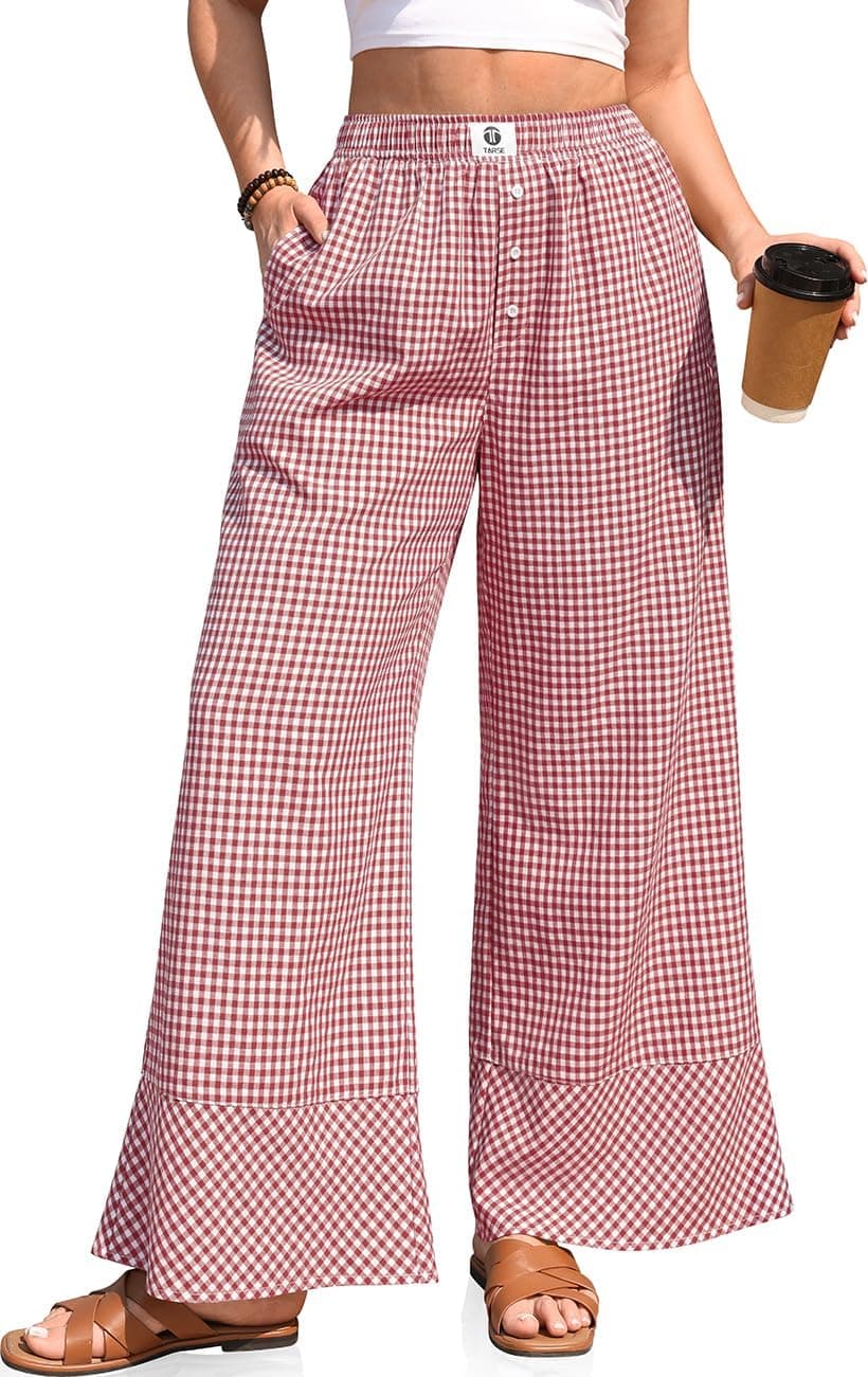 TARSE Womens Gingham Striped Linen Palazzo Pants with Pockets