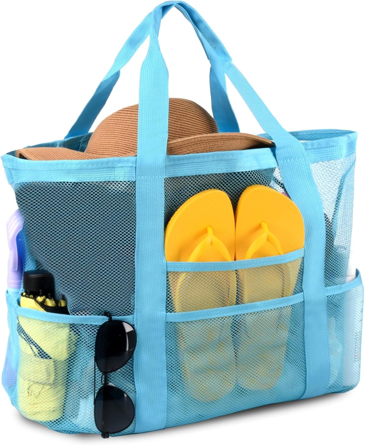 Mesh Beach Bag,Large Beach Bags for Women with 8 Pockets,Packable Tote Bag for Beach Cruise Pool Vacation Essentials