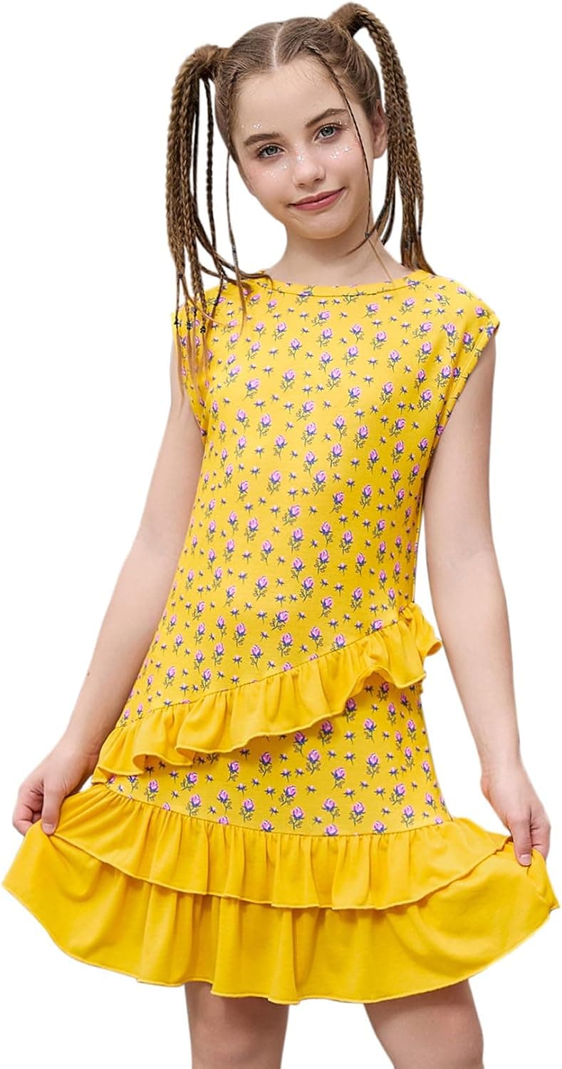 Girls Sleeveless Floral Dress Summer Asymmetrical Ruffle Hem Casual Swing Sundress for Kids 4-13 Years