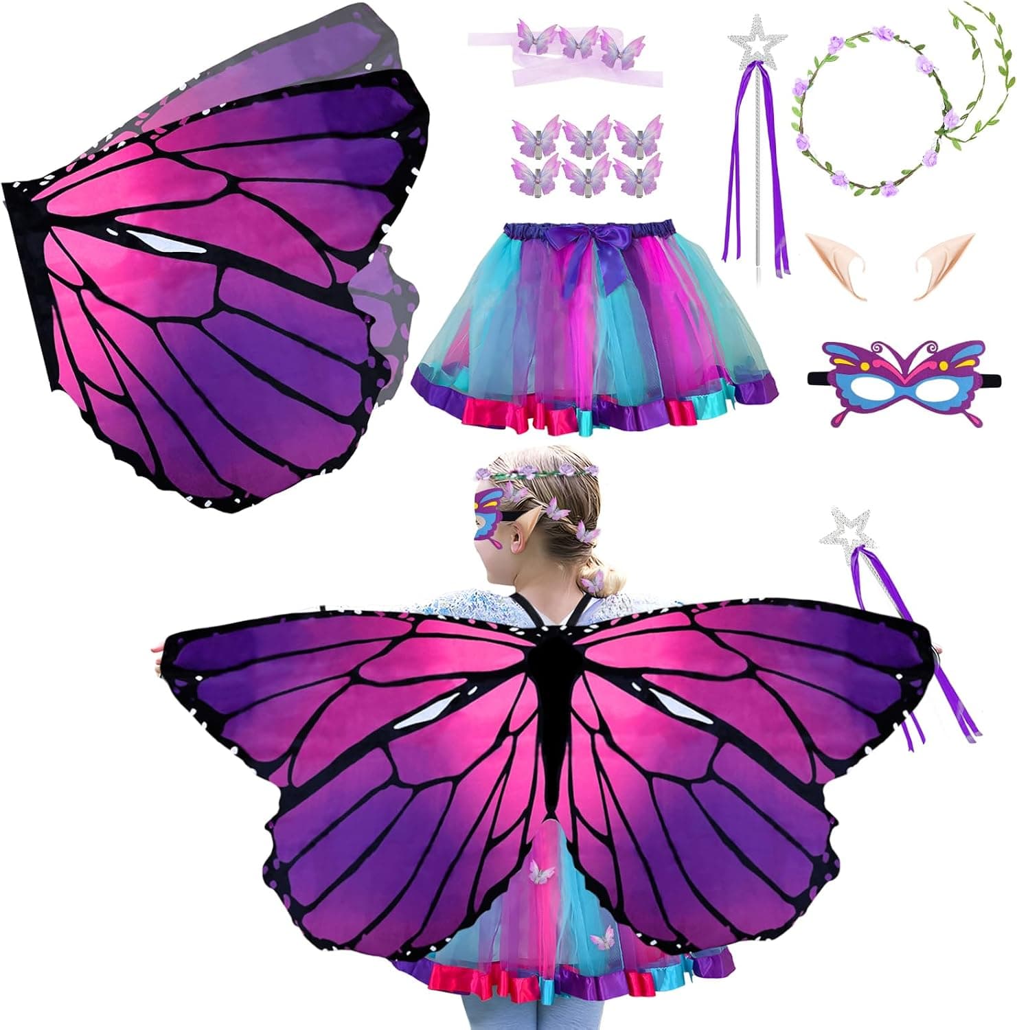 13Pcs Kids Fairy-Butterfly Wings Costumes for Girls with Tutu Dress Up Child Butterfly Wing Halloween Christmas Party