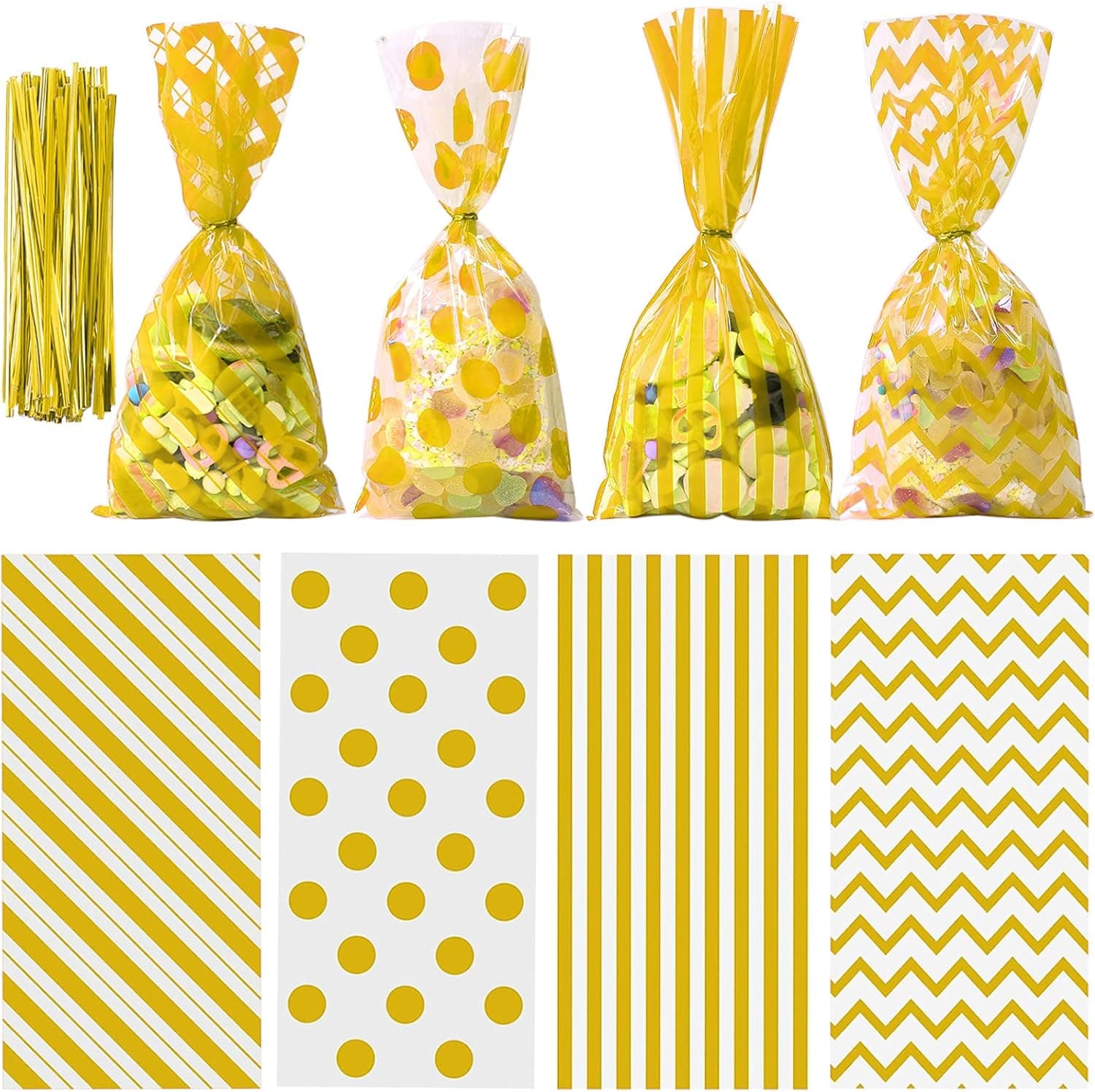 Aneco Gold Cellophane Bags 100 Pack - Elegant Gift Wrap for Cookies, Candy, and Treats