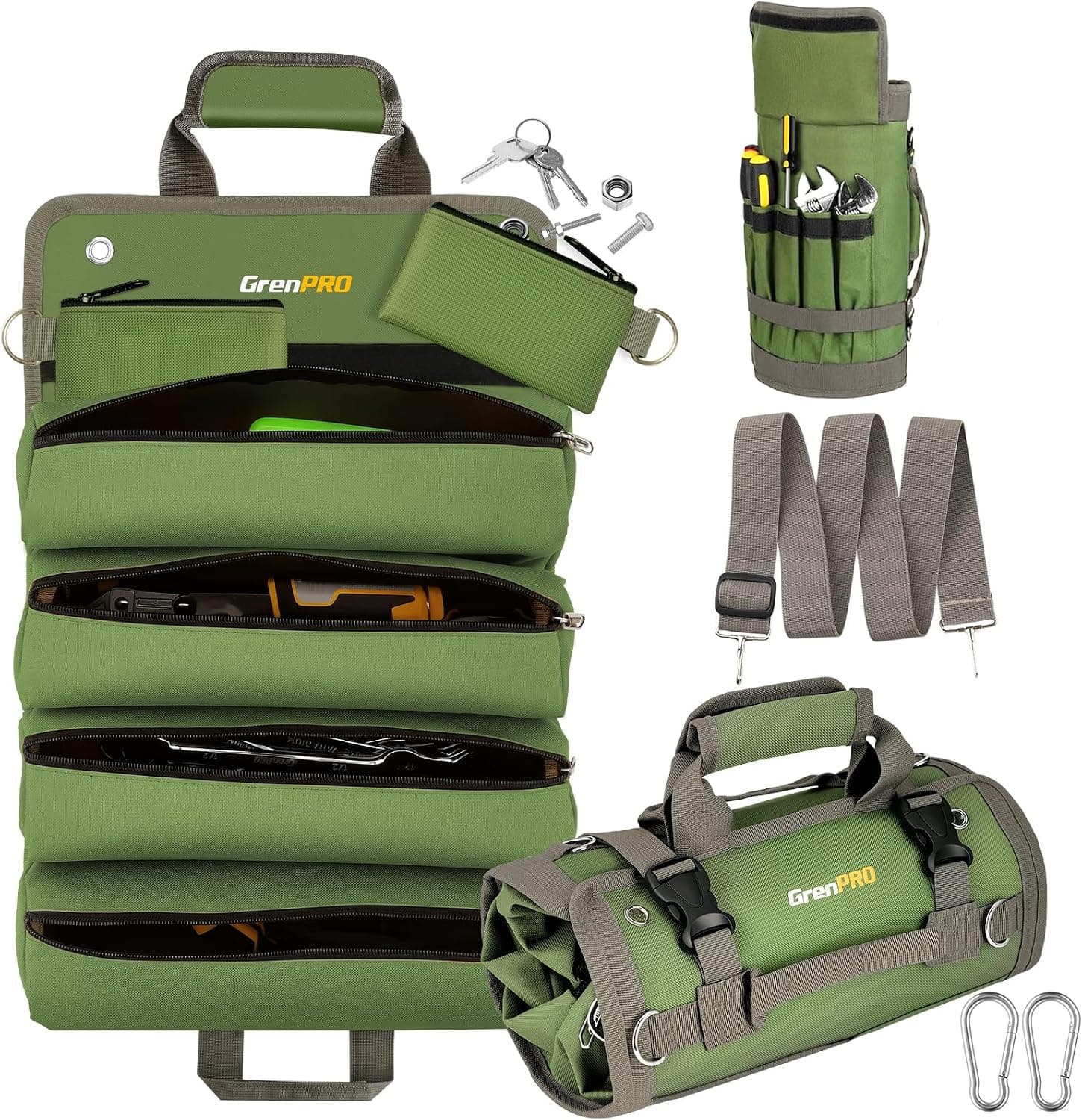 Roll Up Tool Bag With Detachable Pouches, Green