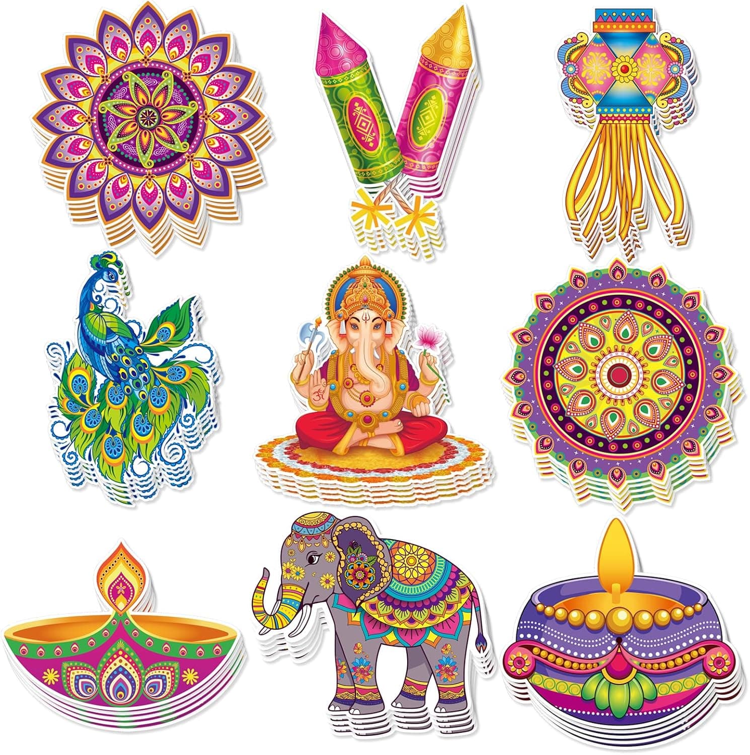Diwali Paper Cutout Decorations for Home, Diwali Decor with Rangoli Peacock Ganesh Diya Elephant for Rangoli Deepavali Party Decorations Supplies-45 Pcs