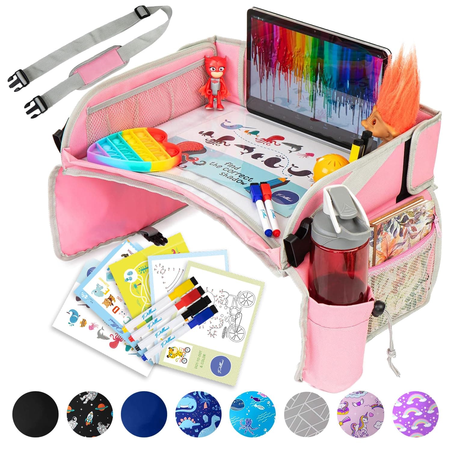 Kids Travel Tray for Car - Car Seat Tray for Kids Travel, Road Trip Essentials, Carseat Table for Roadtrip Activities - Must Haves Toddler Lap Desk Organizer for Airplane - Car Accessories