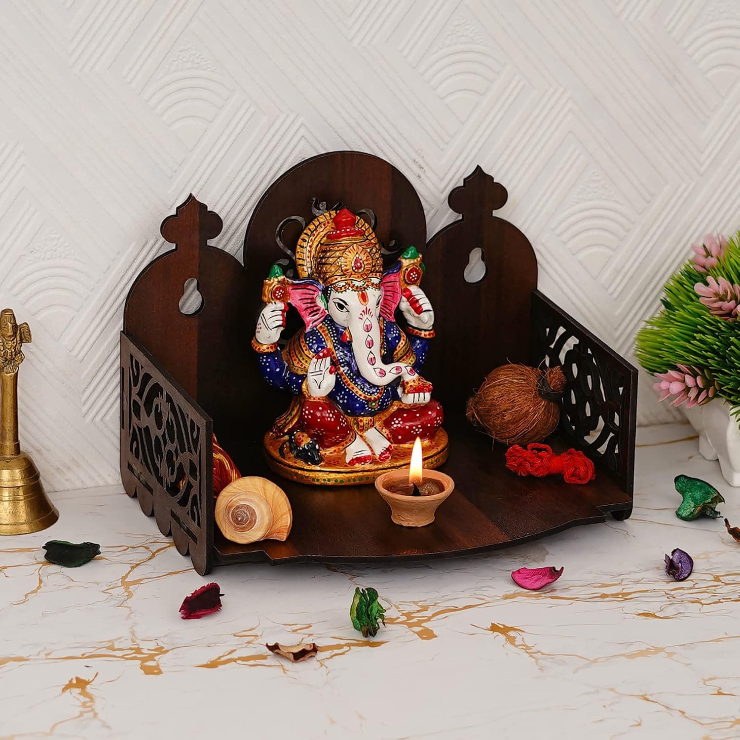 Readymade Wooden Wall Hanging Puja Temple for Home | God Stand for Pooja Room Mandir | Wall Mounted Wood Devghar Stand for Office and Shop | Brown | A-Design - image 1