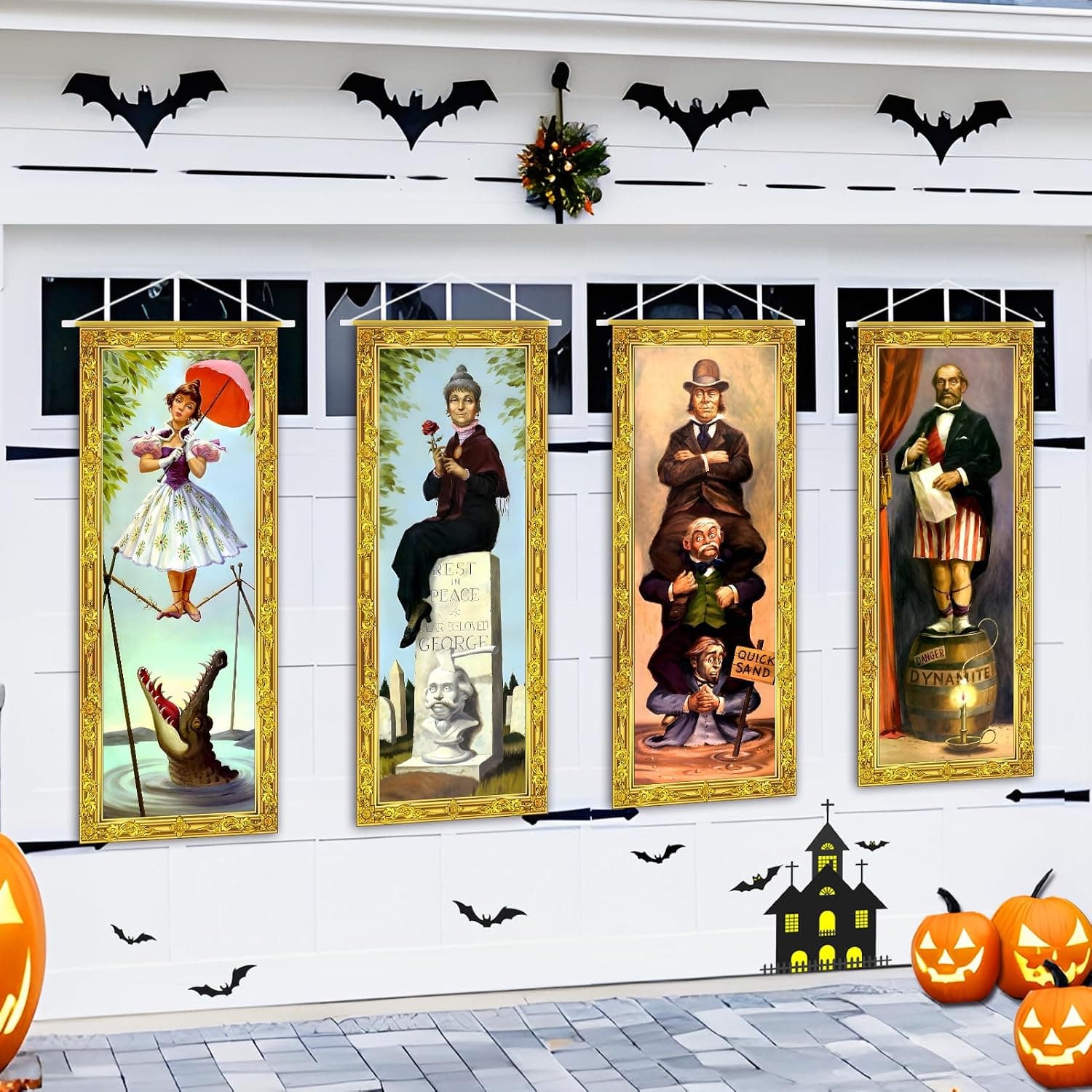 Halloween Decorations Large 4 PCS Haunted Mansion Stretching Portraits Vintage Vinyl Backdrop Decor Outdoor Horror Poster for Indoor Holiday Home Wall Art Wallpaper Hanging Porch Sign Banner Party - image 1