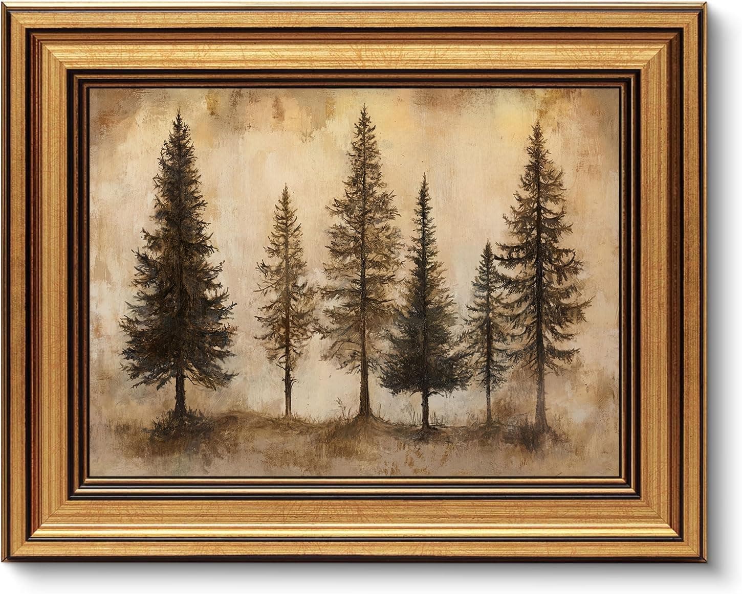 Gold Framed Wall Art, Vintage Pine Trees Canvas Prints, Rustic Nature Woodland Landscape Picture Wall Decor, Country Farmhouse Cabin Artwork for Living Room Bedroom 12x16 inch