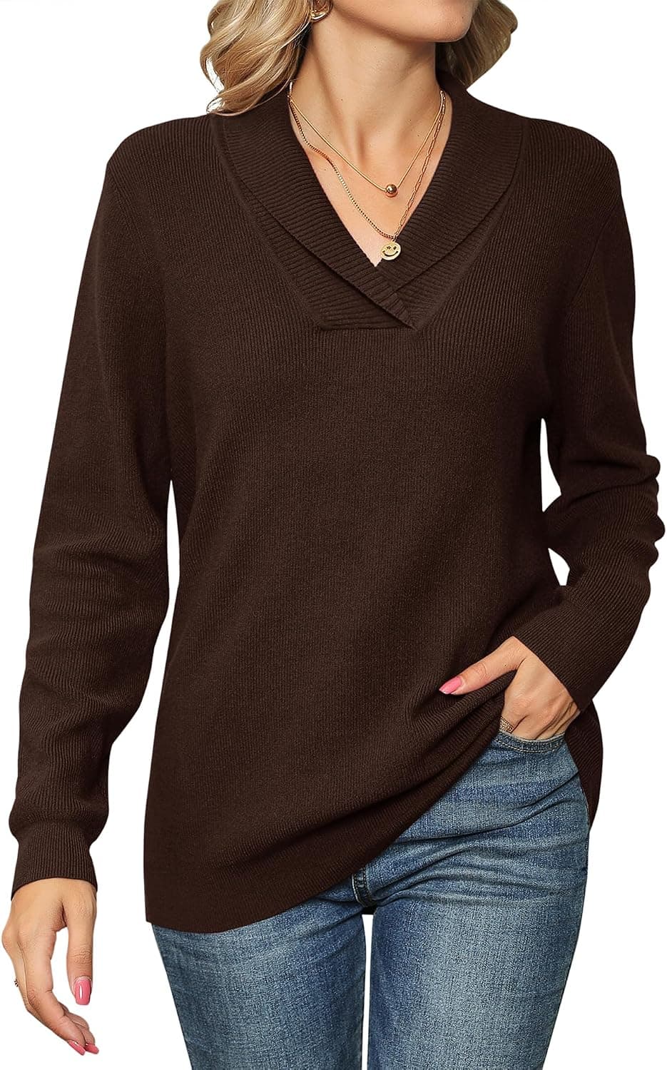 Ivicoer Women Long Sleeve V Neck Pullover Collar Knitted Sweater - image 1