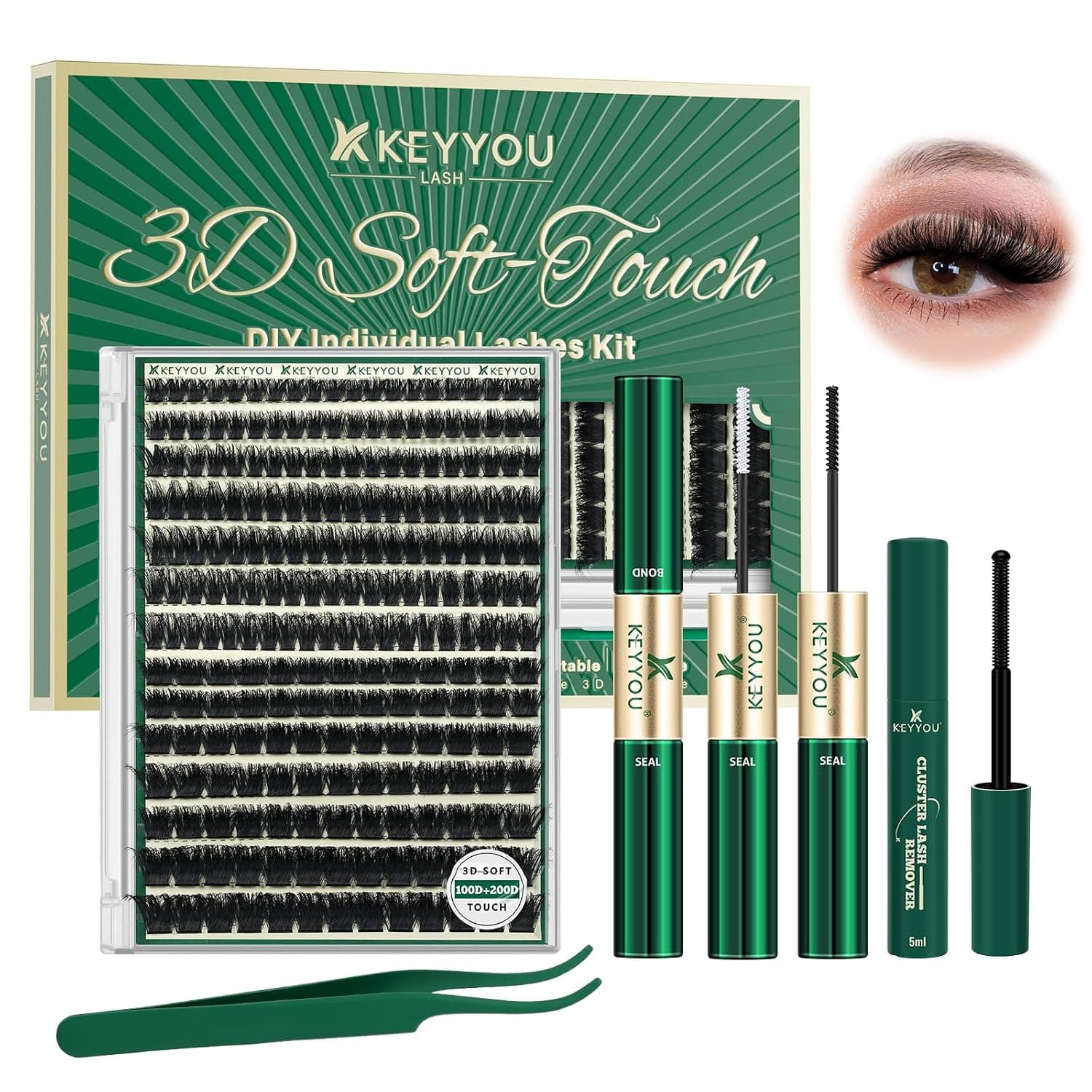 KEYYOU Lash Clusters Kit 3D Effect 231pcs Eyelash Clusters D Curl Individual Lash Extension Kit Wispy Natural Volume Cluster Lashes Soft (3D Kit-100D200D-D-10-18MIX)
