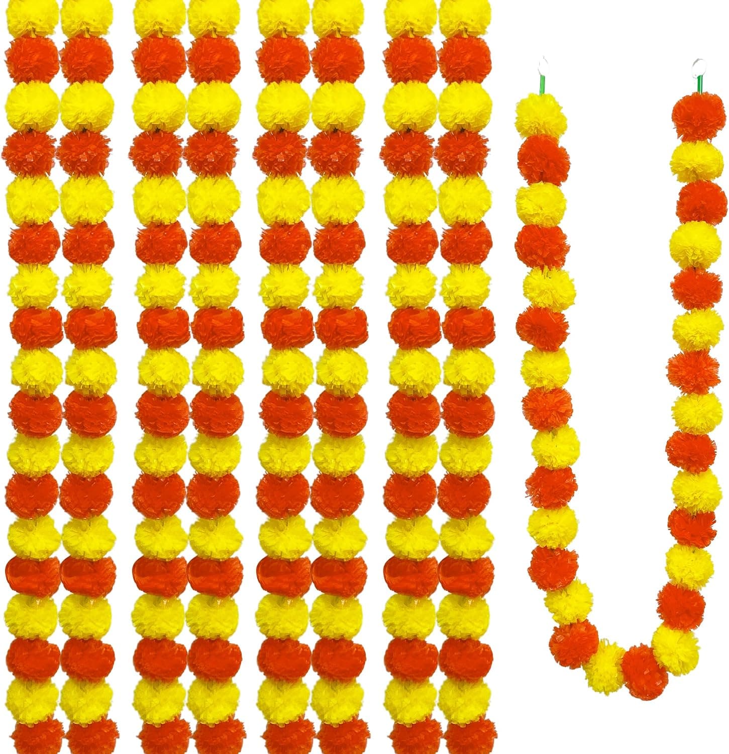 Artificial Golden Yellow Marigold Garland, Handmade American Indian Decorations for Dia de Los Muertos, Pooja, Diwali, Parties, Weddings 4 Pieces Yellow Orange