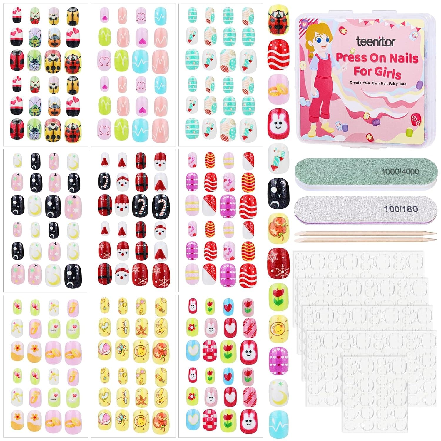 Teenitor 216pcs Press on Nails for Kids Girls Fake Nails, 9 Styles of Mini Nails for Girls Fake Nails for Kids, Christmas Press on Nails for Girls 10-12, Stick on Nails for Kids Little Girl
