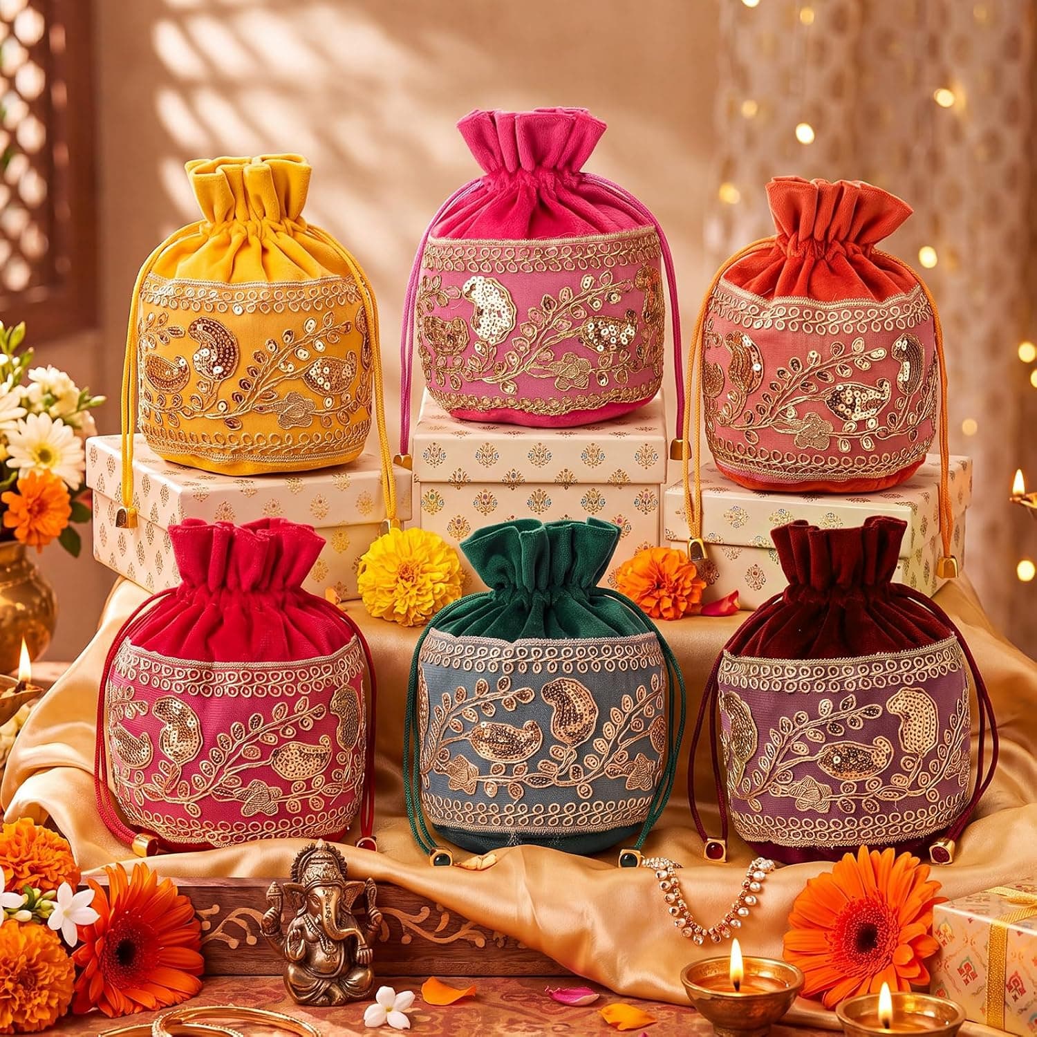 Bulyoou 6 Pcs Diwali Return Gift Potli Bags, Indian Velvet Drawstring Bags - image 1
