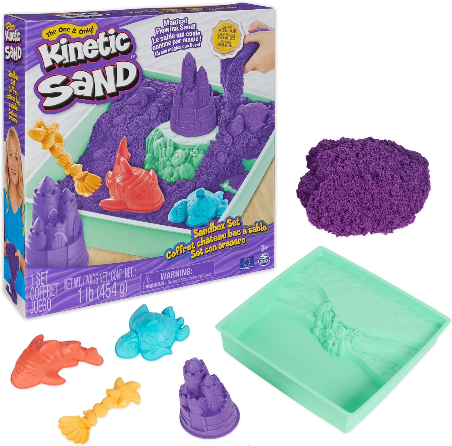 Kinetic Sand Sandbox Set with 1lb Purple, Moldable Sensory Toys, Ages 3+