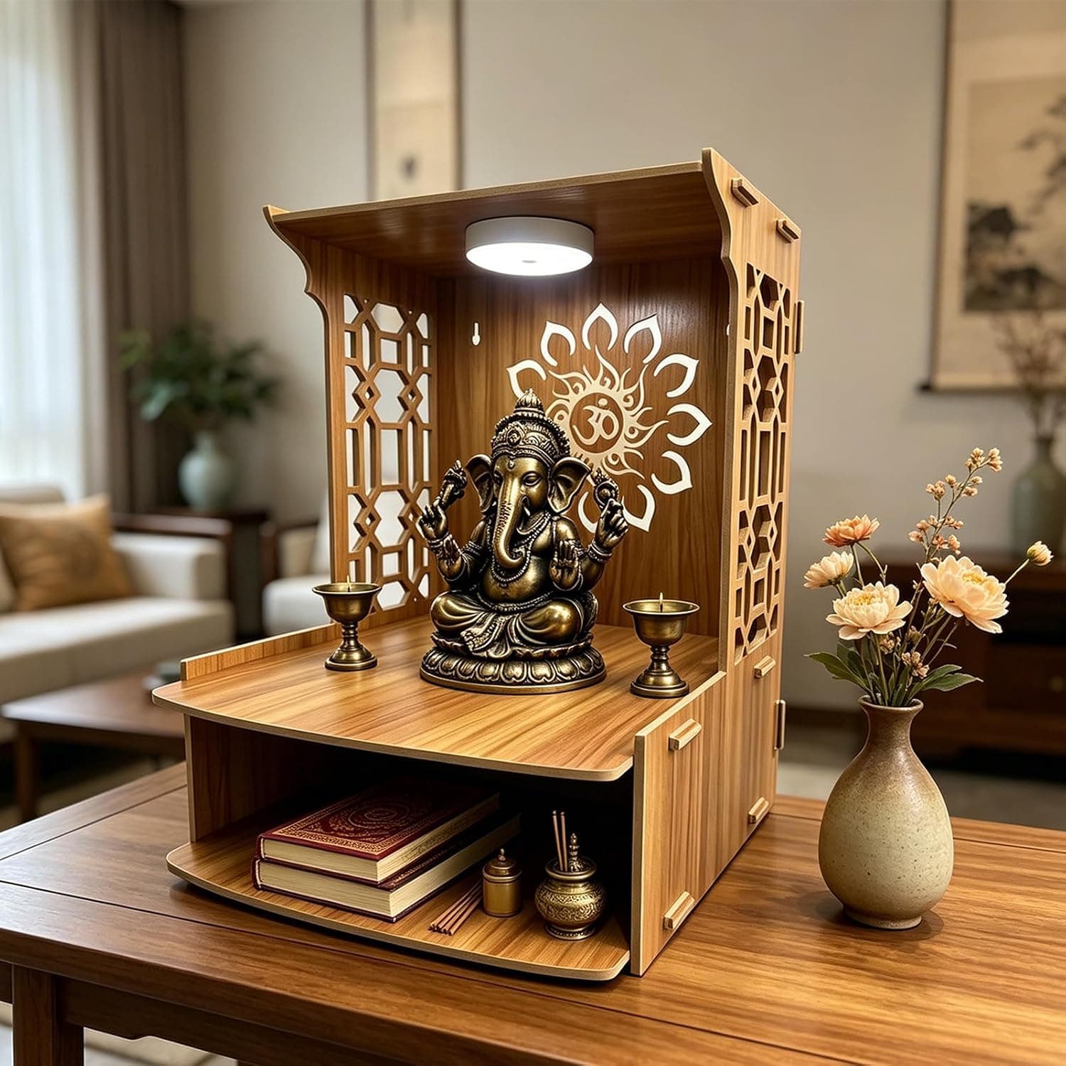 Wall-Mounted 2-Tier Pooja Mandir with Adjustable LED Light for Modern Home Decor