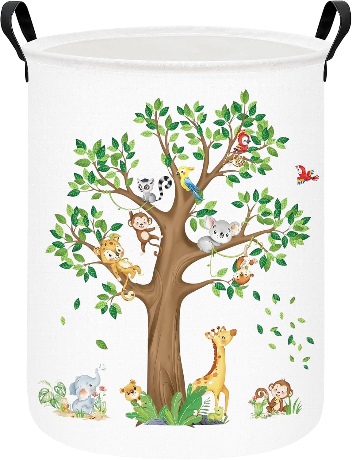 Round Fabric Collapsible Storage Basket with Handles, Tree Animals