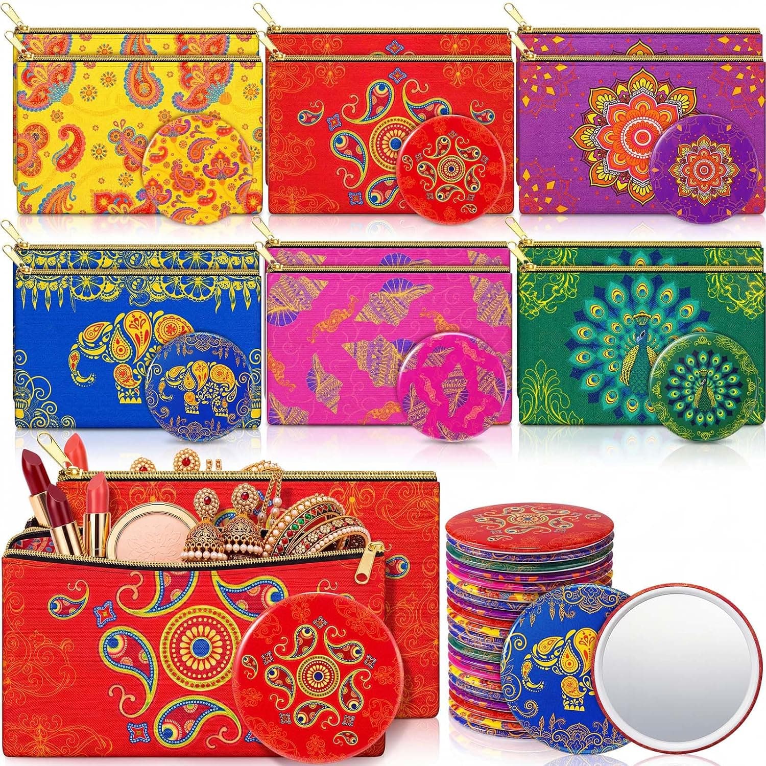 Kacctyen 24 Pcs Diwali Indian Return Gift Bulk Makeup Bag Pocket Mirror Set