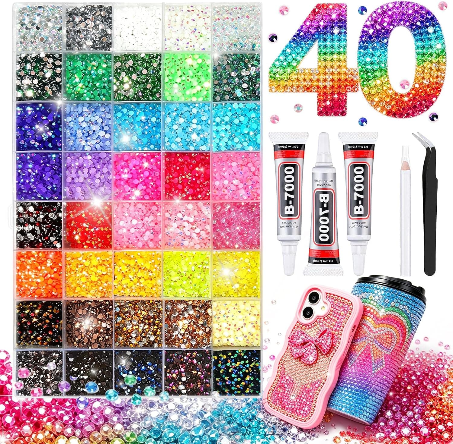 40000Pcs 40 Colors Bedazzling Kit Jelly Rhinestones for Bedazzling Crafting, 3mm Resin Flatback Gems for Diamond Art, Bedazzler Kit with 3Pcs 10ml B7000 Jewelry Glue for Bedazzle Shoes Books Nail Art