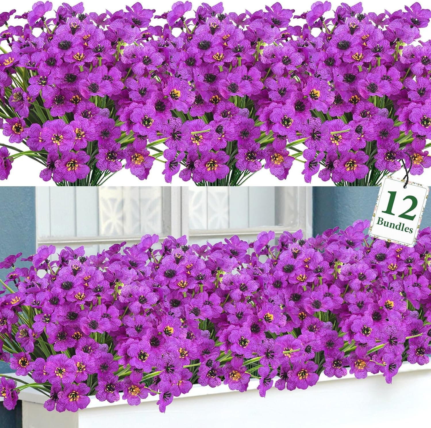 12 Bundles Artificial Flowers Set for Outdoor & Indoor Home Decor - Realistic Purple Blooms