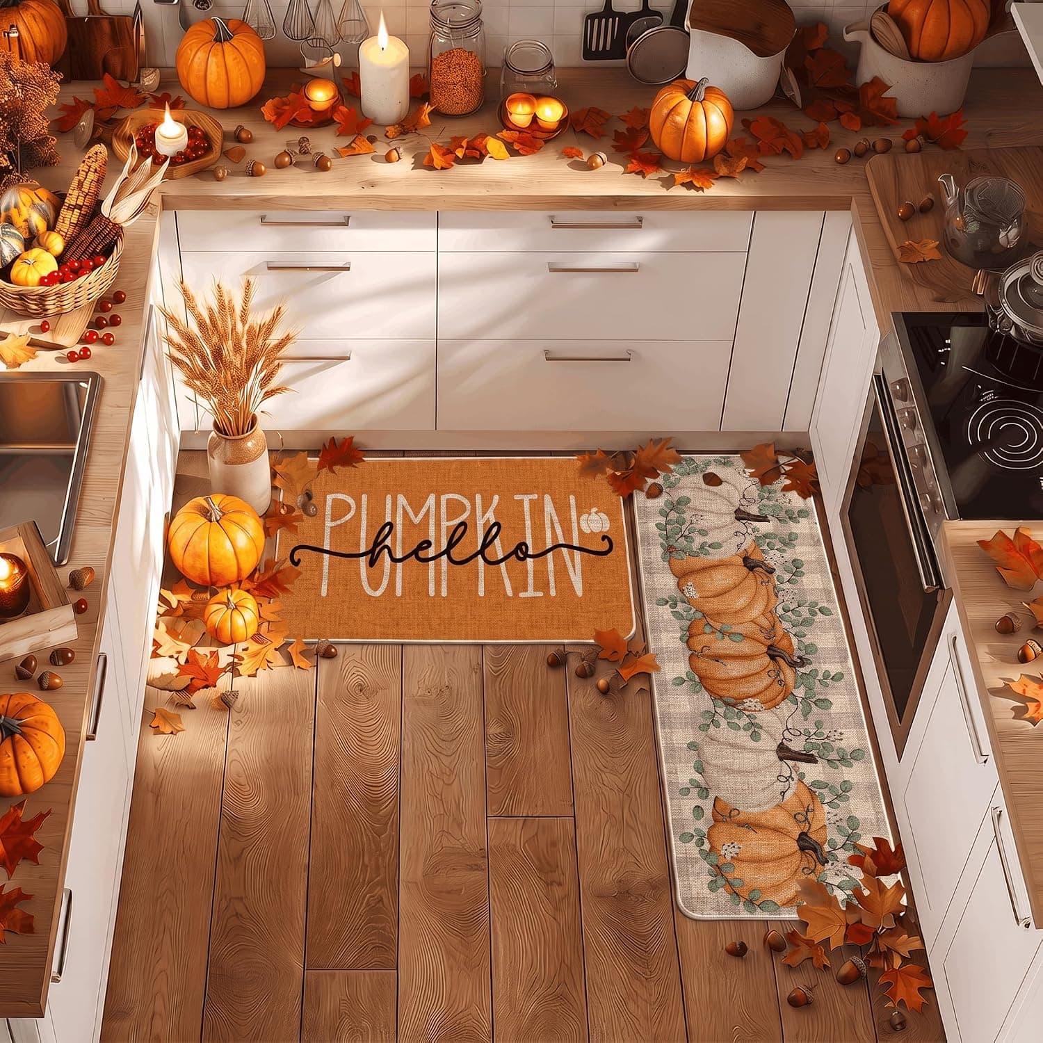 Artoid Mode Orange Hello Pumpkin Fall Kitchen Mats Set of 2