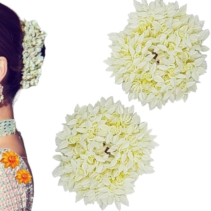 Artificial Flower Hair Accessories Scrunchies with Bracelet Bun Juda & Ponytail Wedding Jewellery Reusable Gajras for Women (Pack of 2) (White, Small)