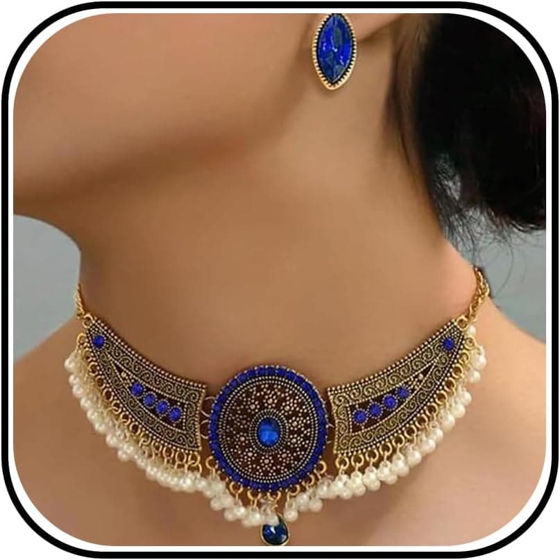 Indian Jewelry Sets for Women Choker Necklace and Earrings Set for Wedding Bollywood Jewelry Sets Bharatanatyam Indian Dresses Outfits for Women Diwali Gifts - image 1
