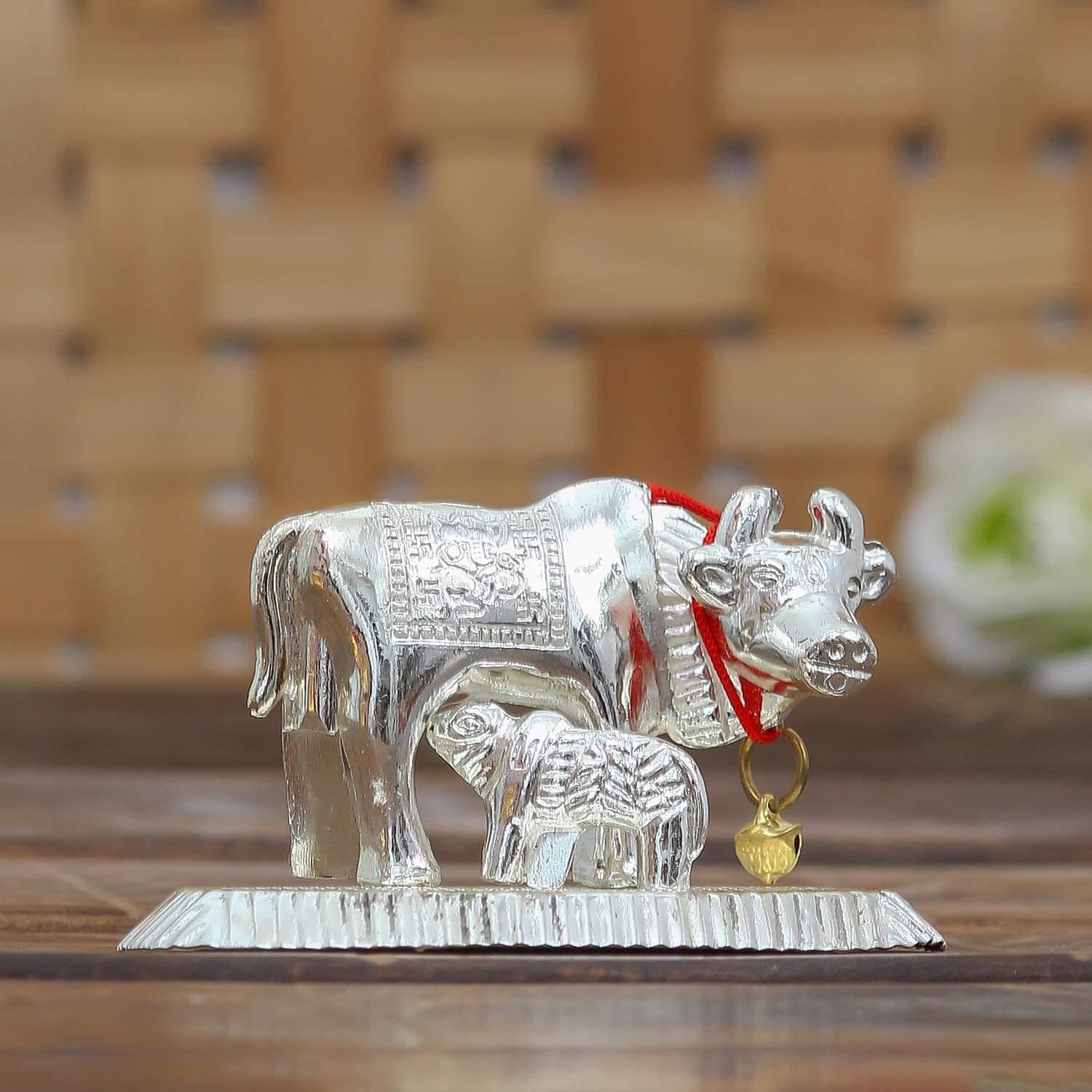 Cow and Calf Idol for Pooja | Kamdhenu Gau MATA Silver Color | Figurine showpiece Divine Pooja Gift décor - image 1