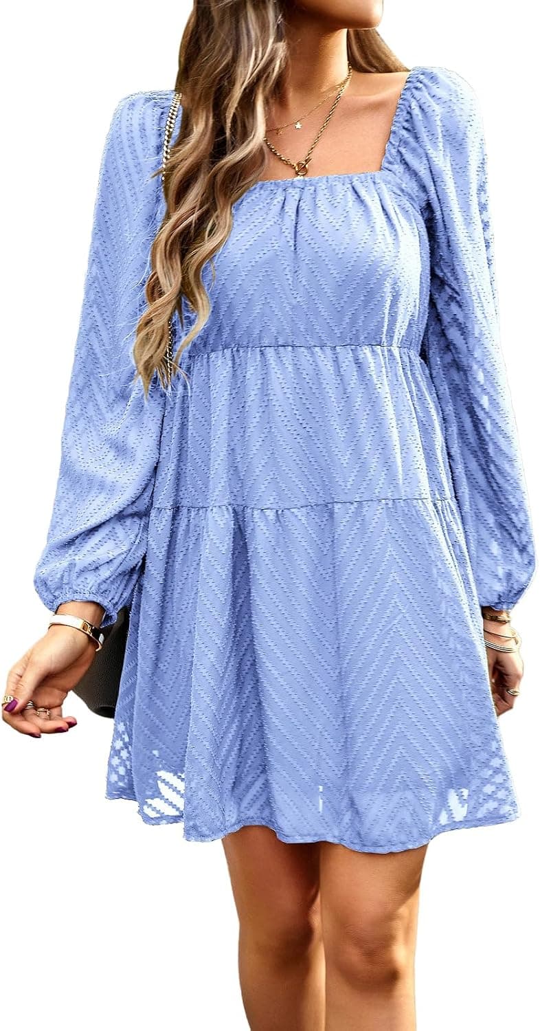 Women's Long Sleeve Mini Dress - Square Neck Fall Style (BestWendding) - image 1