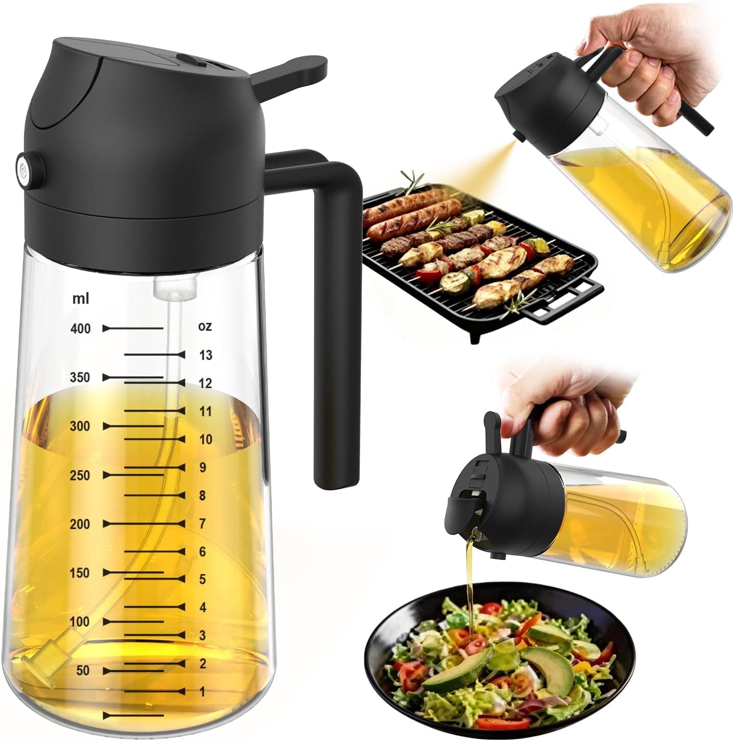 TrendPlain 16oz/470ml Glass Olive Oil Sprayer for Cooking โ 2 in 1 Olive Oil Dispenser Bottle for Kitchen Gadgets and Air Fryer Accessories, Salad, BBQ - Black