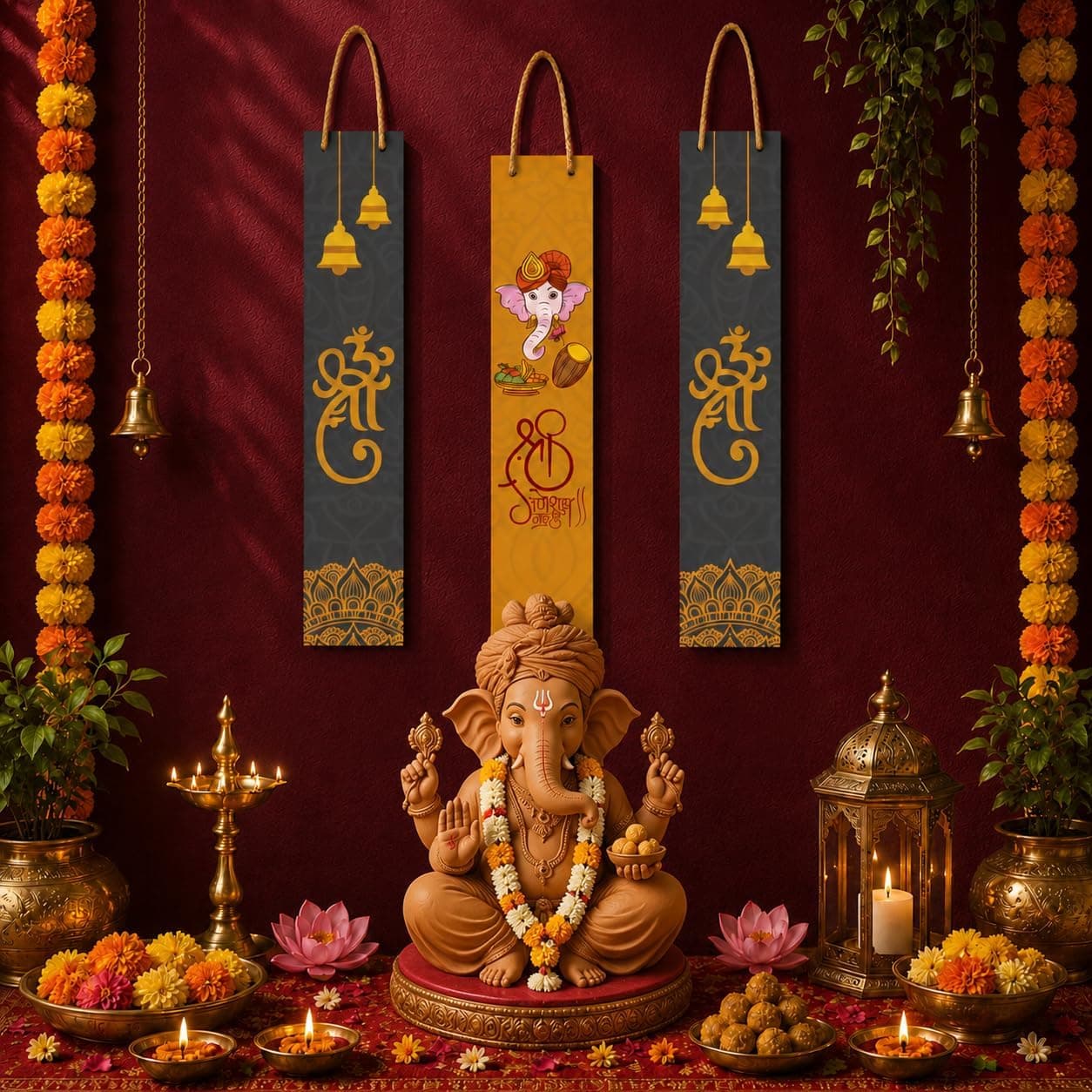 TIED RIBBONS 3 Pcs Ganesh Chaturthi Ganesha Wall Hanging MDF | Door Decor for Pooja Room, Navratri, Mandir Entrance, Ganesh Chaturthi Decoration, Diwali Decoration, Wall Decor for Home and Office