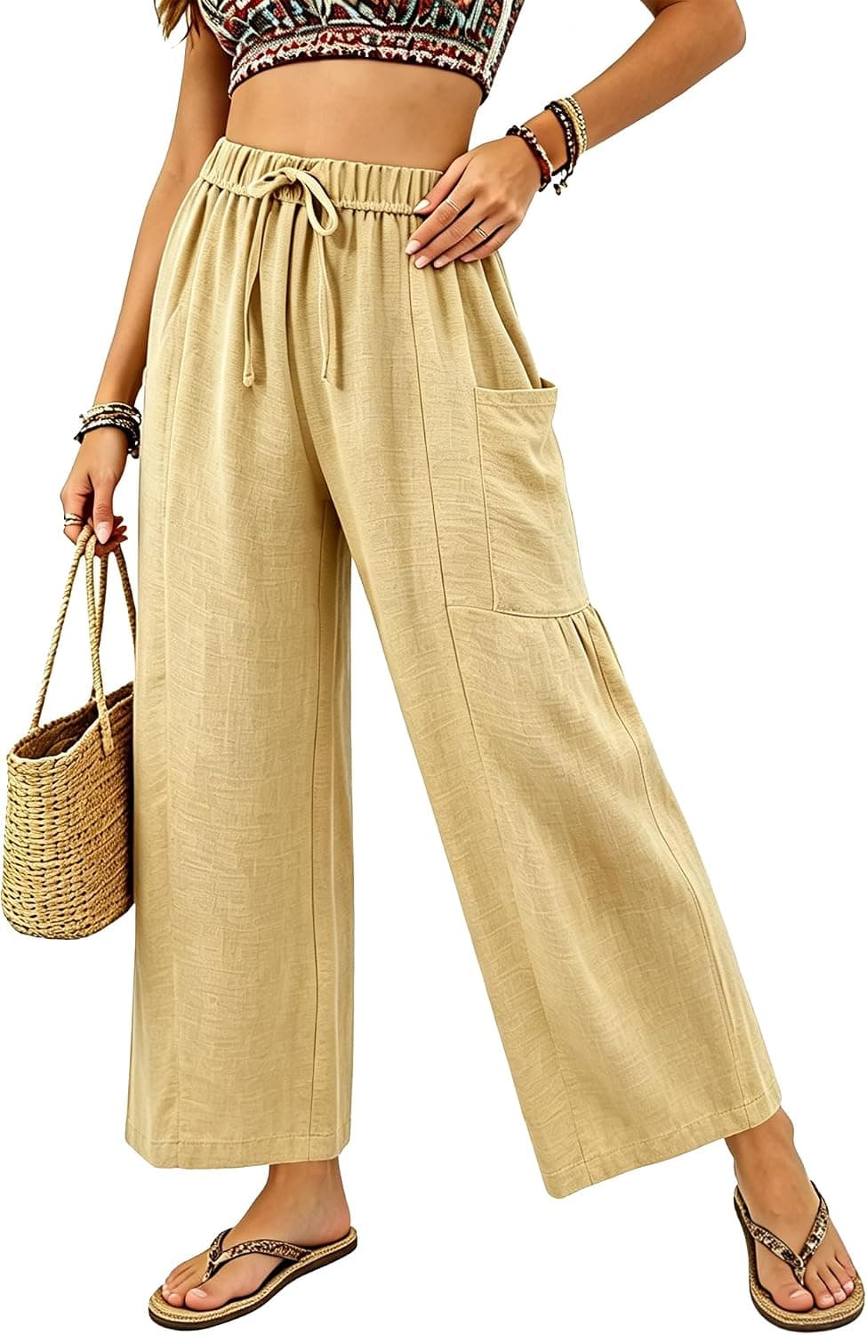 Womens Wide Leg Cropped Pants Drawstring Casual Palazzo Pants Loose Flowy Lounge Trousers with Pockets Khaki - image 1
