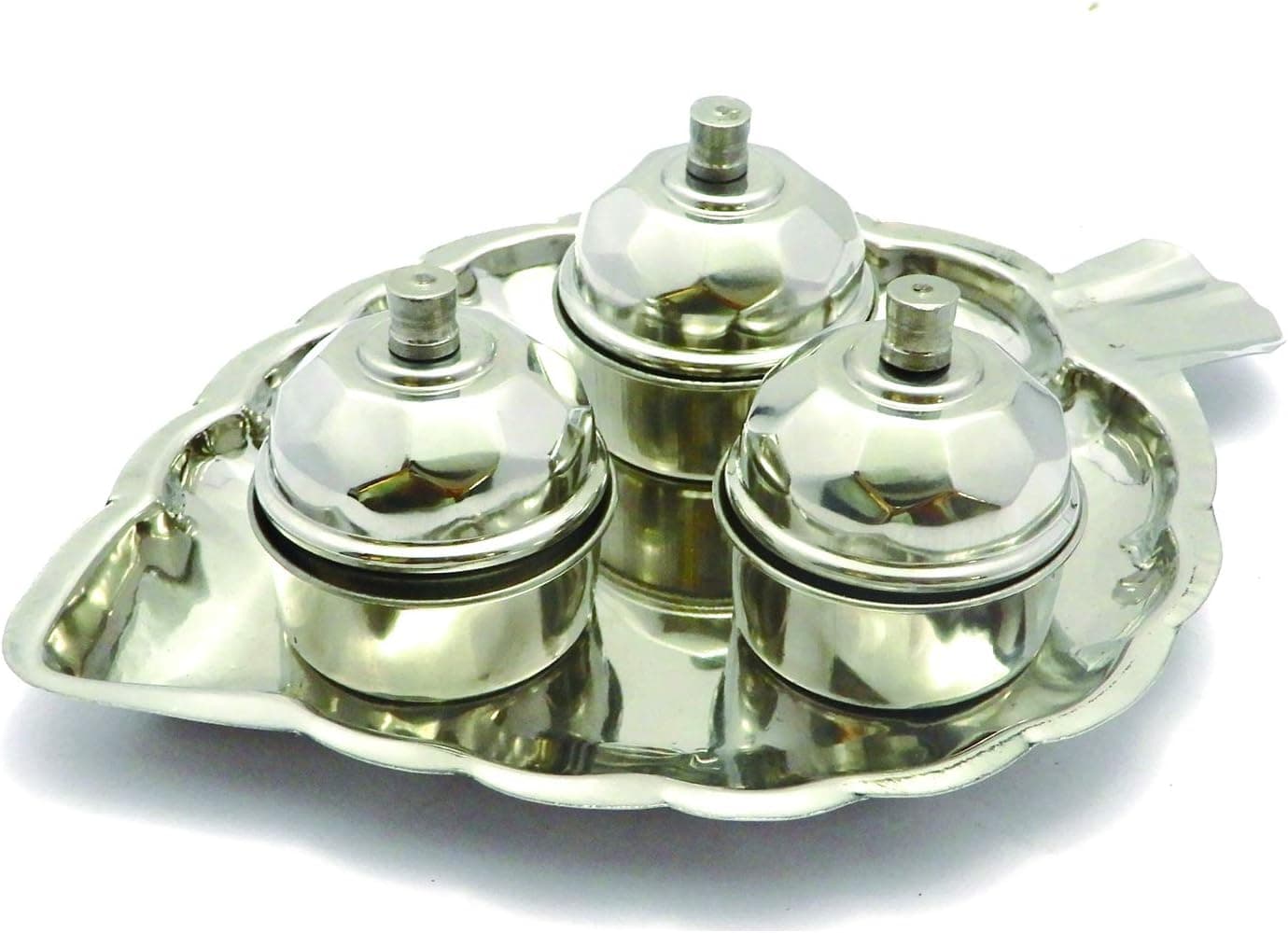 DBY Haldi Kumkum Holder Designer Home Decorative 3 Containers Pooja Thali Haldi Kumkum Stand Box Stainless Steel Diwali Gift Festive Puja Items - image 1